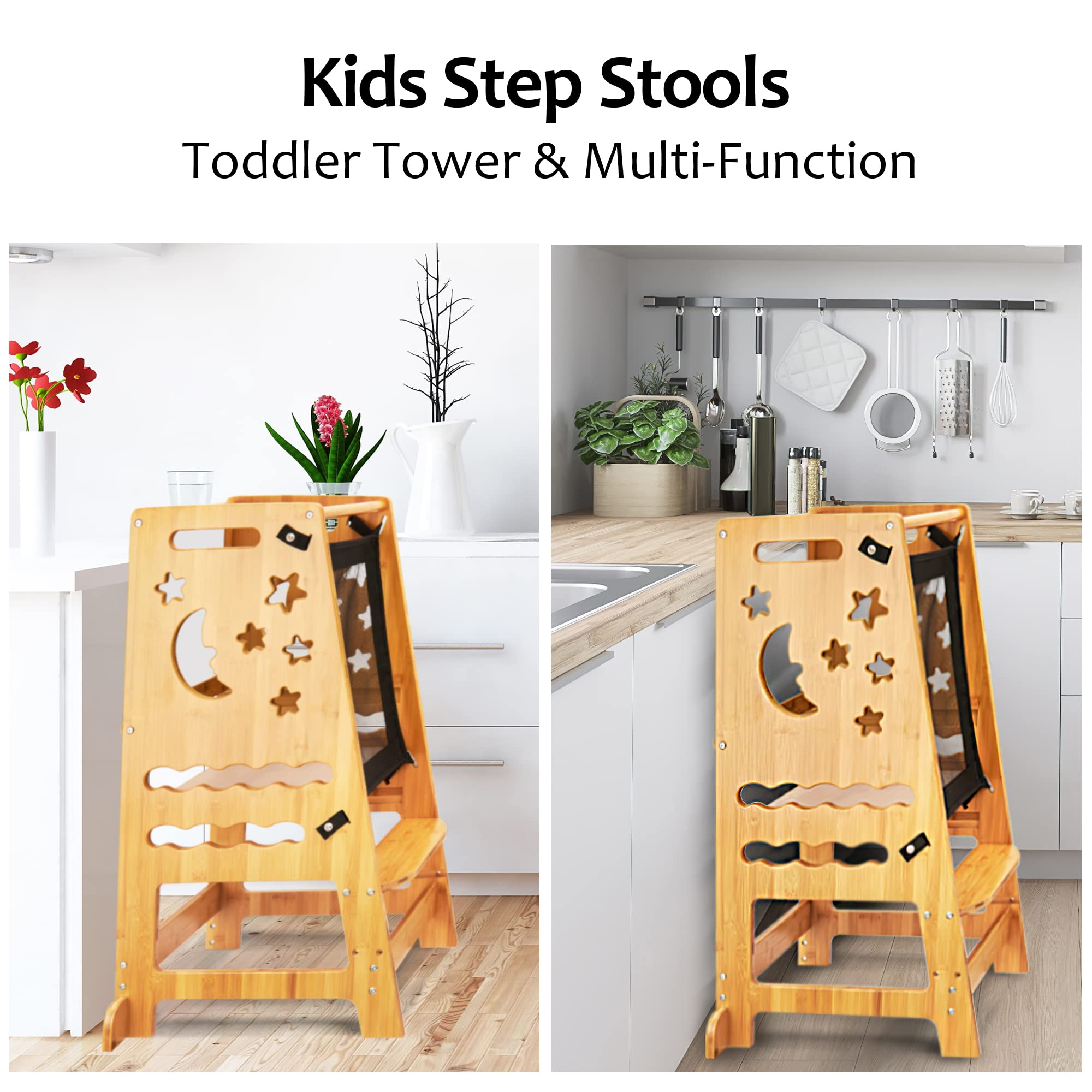 TOETOL Kids Kitchen Step Stool with Keeper Bamboo Toddler Tower Helper