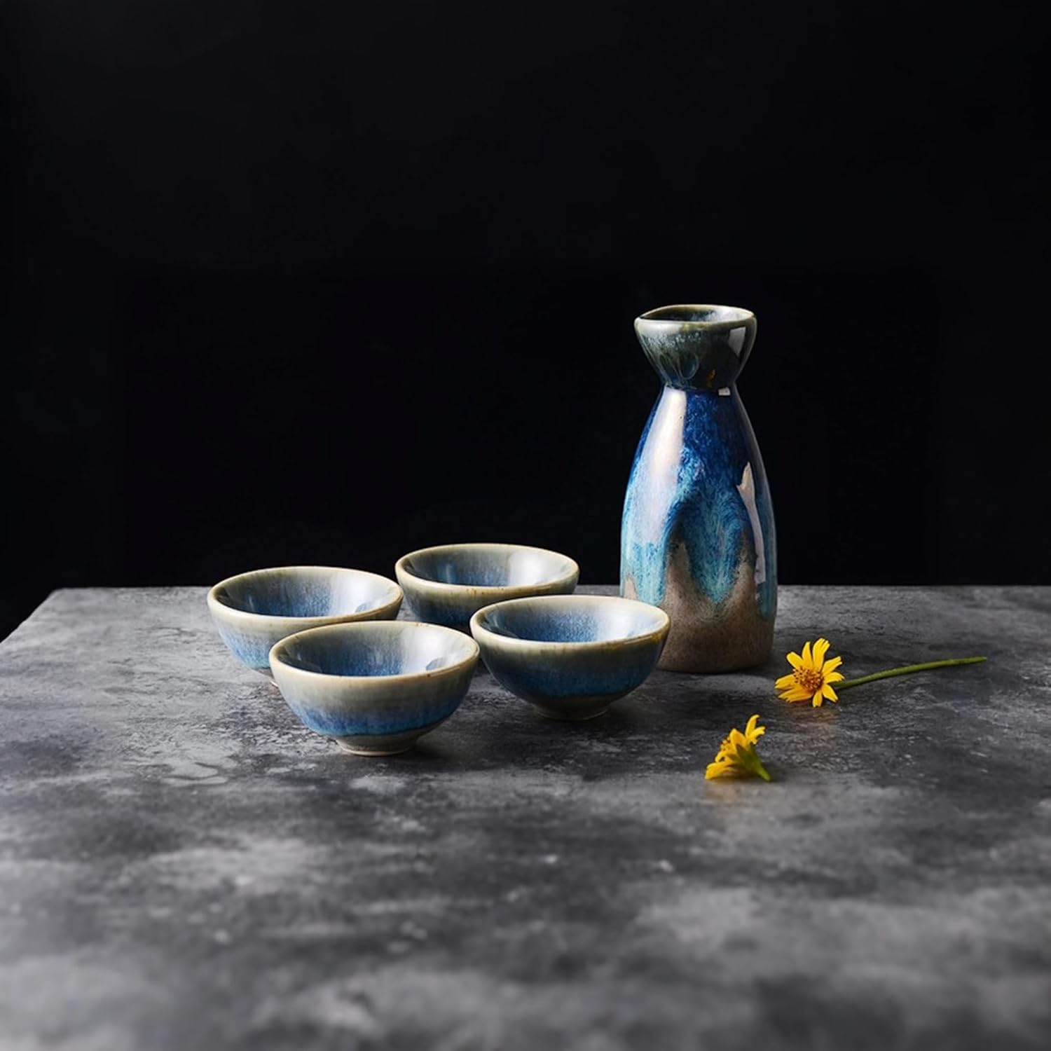 Ceramic Sake Pot Japanese Sake Cup Set Traditional Tokkuri Bottle and 4 Ochoko Cups for Home and Restaurants Smooth Rim Design for Comfortable Use