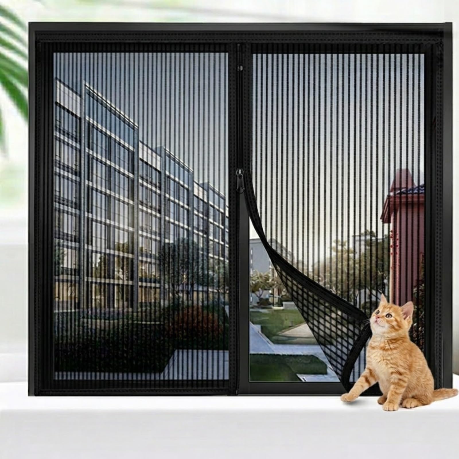 Zipper Version KING KONG MESH Self-Adhesive Window Screen, Keep Bugs Out Easy Cleaning Mesh Curtain, Easy Install No Drill Window Screen for Temporary Seasonal Use(Black,65x150cm)