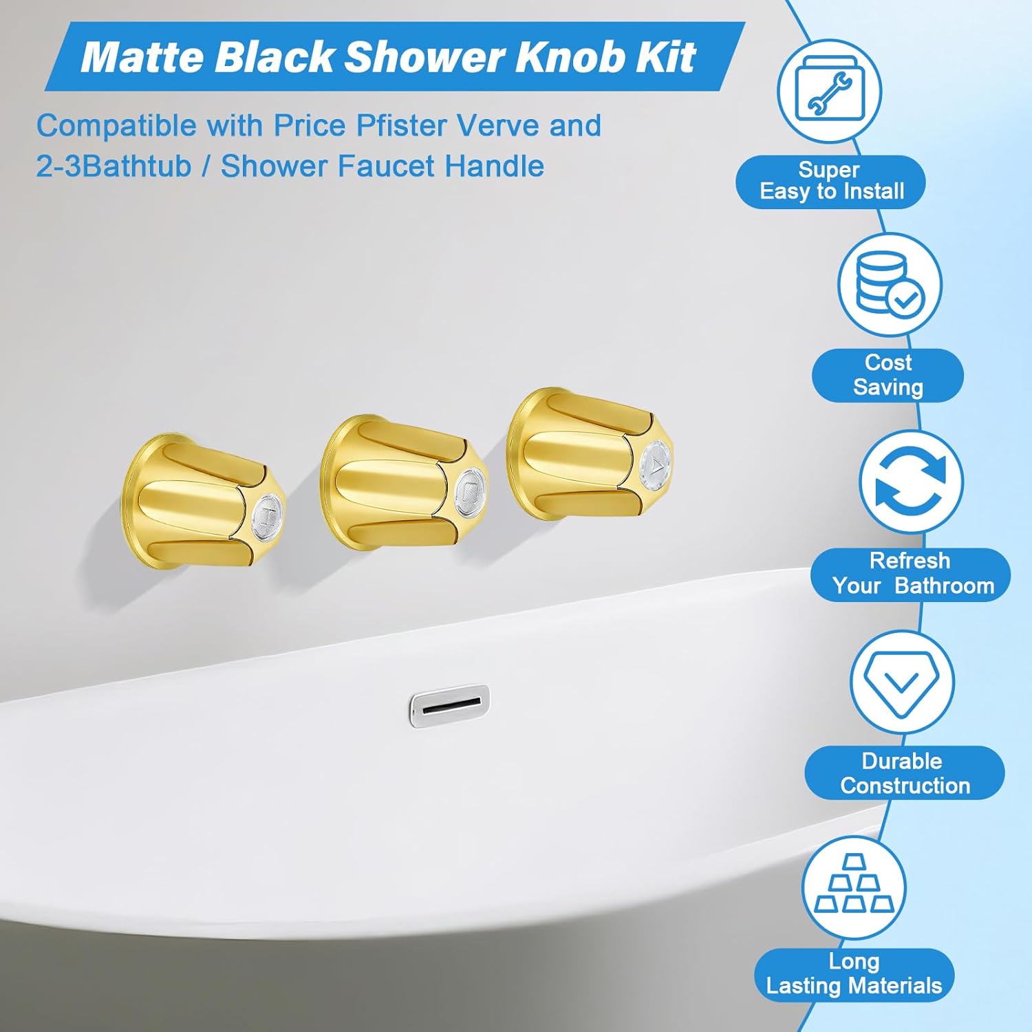 Metal Golden Shower Knobs 3 Piece Replacement Compatible with Price/Pfister Verve Shower Faucet Handle, 12 Tooth Hot and Cold Shower Knobs Trim Kit, Height 2.35 in Width 2.35 in (Polished Gold)