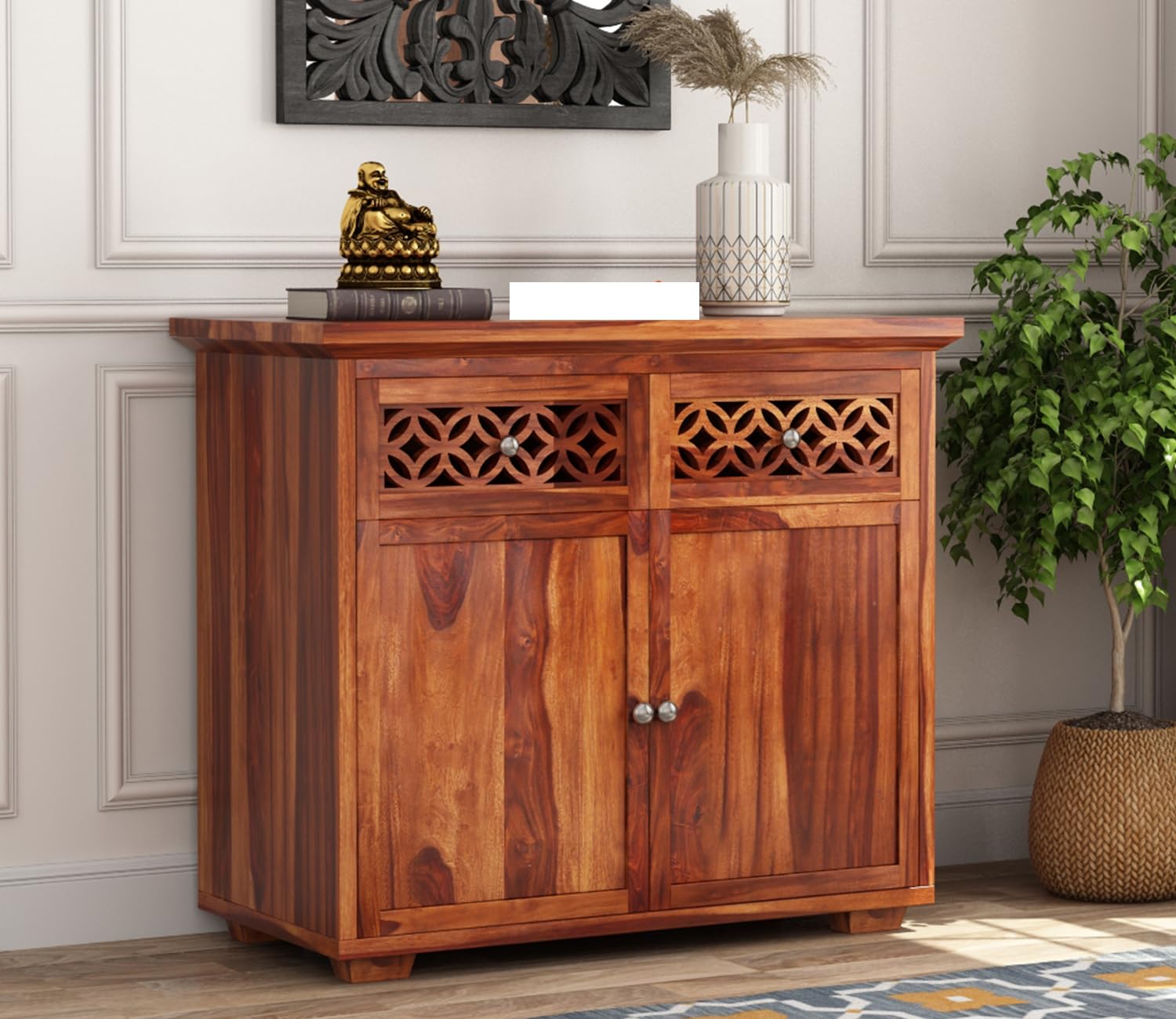 Solid Sheesham Wood Wooden Cabinet Sideboard with 2 Drawers and 2-Door Storage (Elise, Honey Finish)-image-27