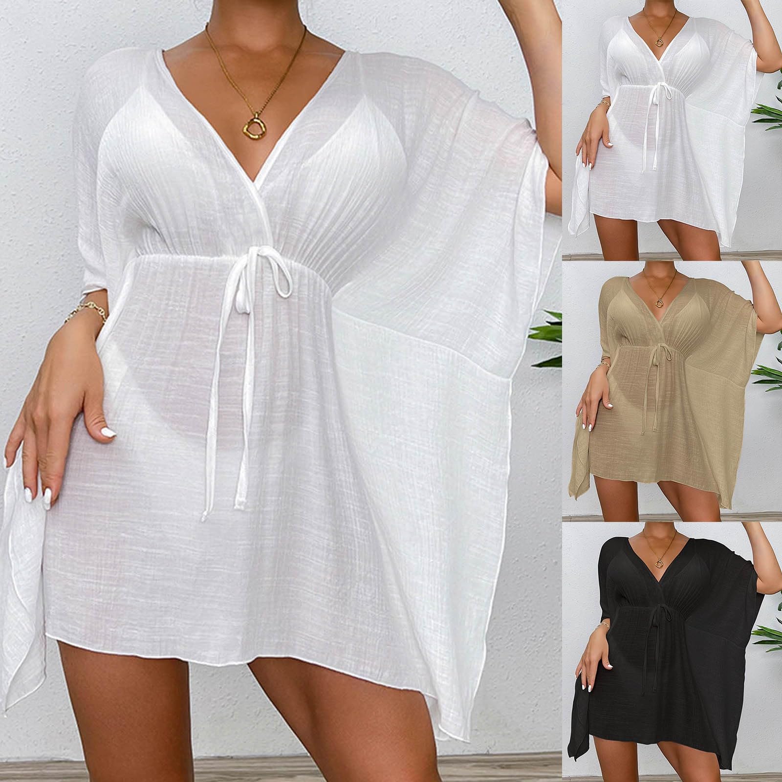 Copricostume Donna Abito da Spiaggia Estivo con Scollo a V Tunica in Cotone Bianco Abbigliamento da Spiaggia da Donna Copricostume Bikini Copricostume da Bagno Copricostume Donna Mare(White)