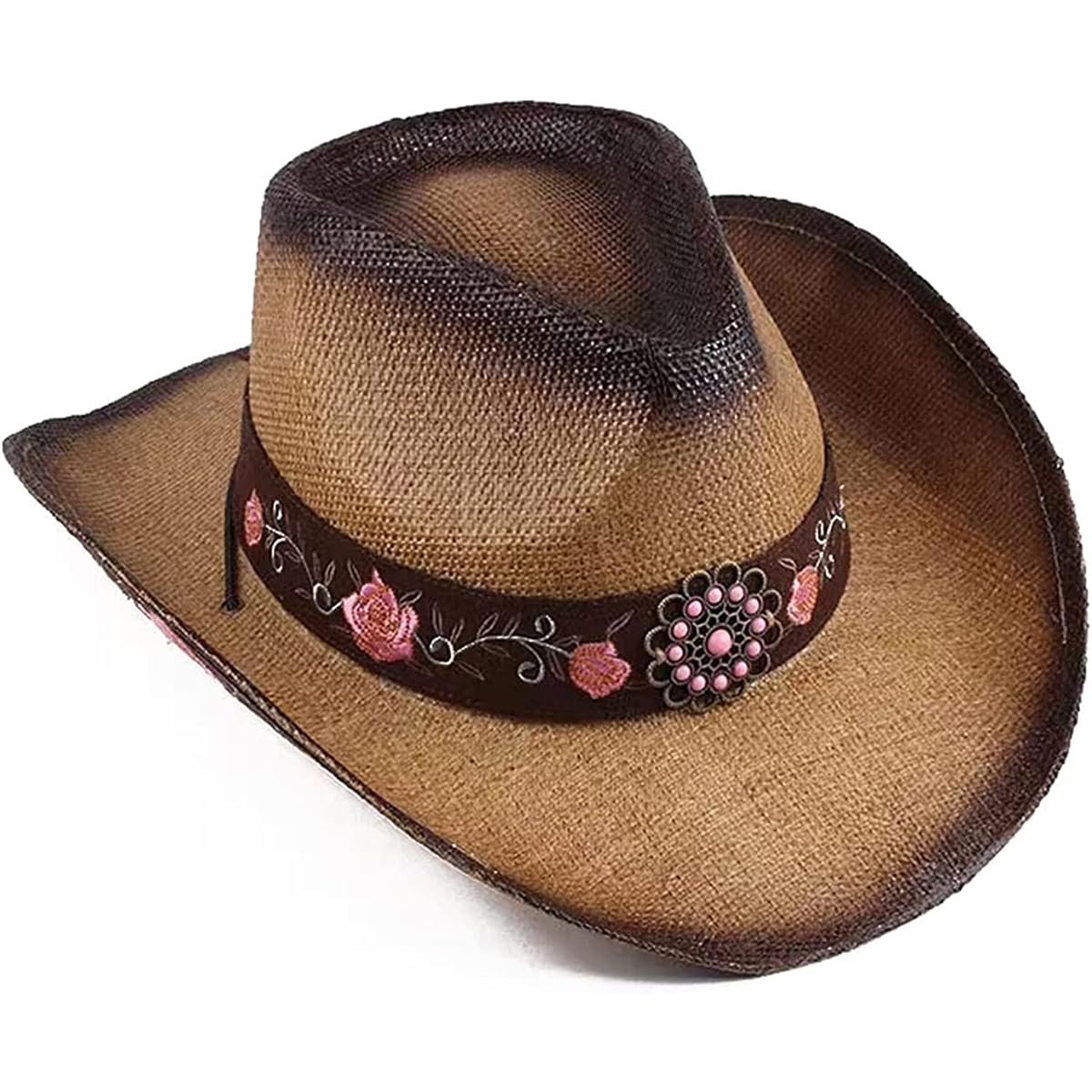 Straw Cowboy Hats for Women, Pink Flower Straw Western Party Concert Women's Cowboy Hat, Vintage Wide-Brimmed Hat