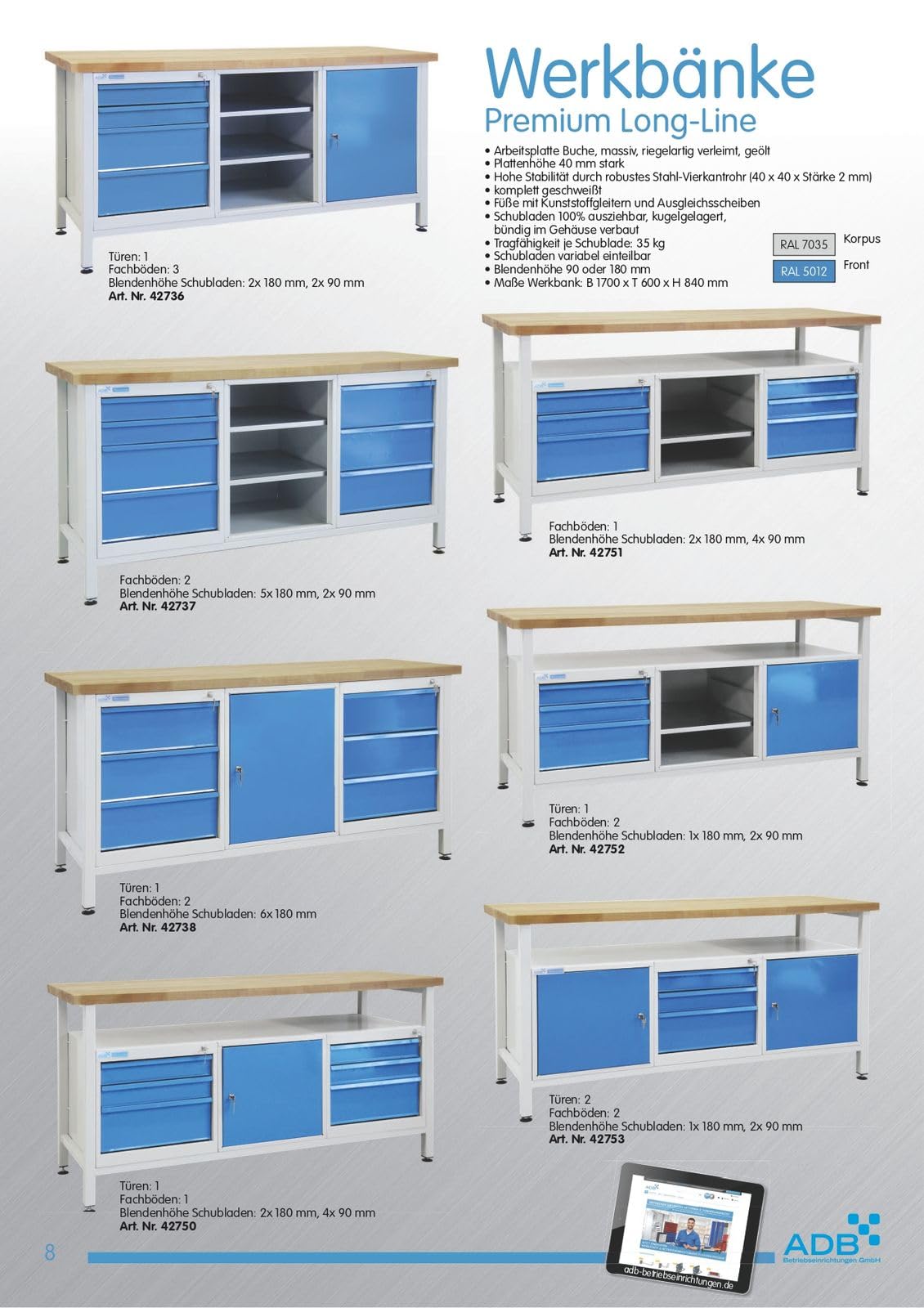ADB stół warsztatowy, stół warsztatowy, stół roboczy, stół narzędziowy, 1700 x 600 x 840 mm, wyposażenie warsztatowe, bez kółek, z szufladami