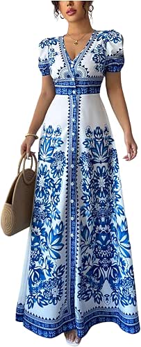 Floerns Women's Floral V Neck Maxi Dress Button Down Puff