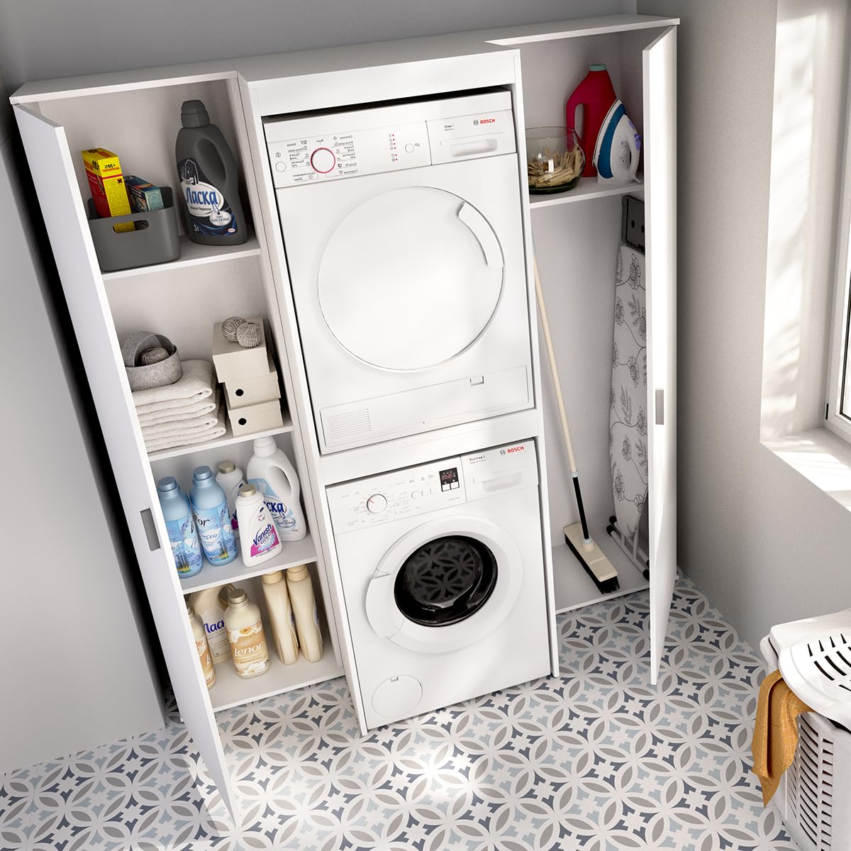 DEKIT - Conjunto DE Armario con 1 Puerta Y Mueble Alto para Lavadora Y Secadora con ALMACENAJE 190x141,3x62cm