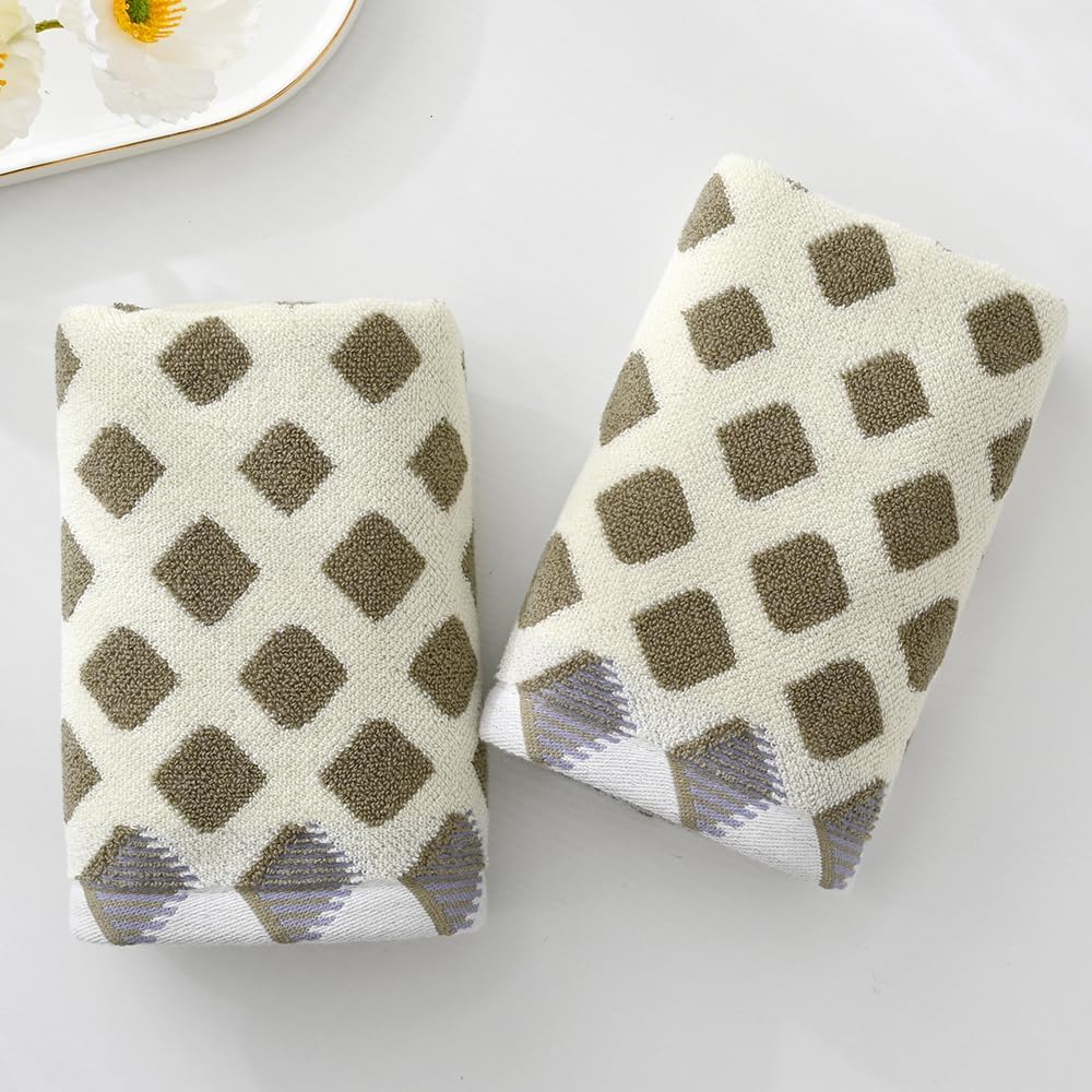 YiLUOMO Beige & Brown Hand Towel Set of 2 Super Soft Highly Absorbent Modern Gradient Square Pattern Design 100% Cotton Face Towels Quick Dry Hand Towels for Bathroom Decor 13 x 29 Inch