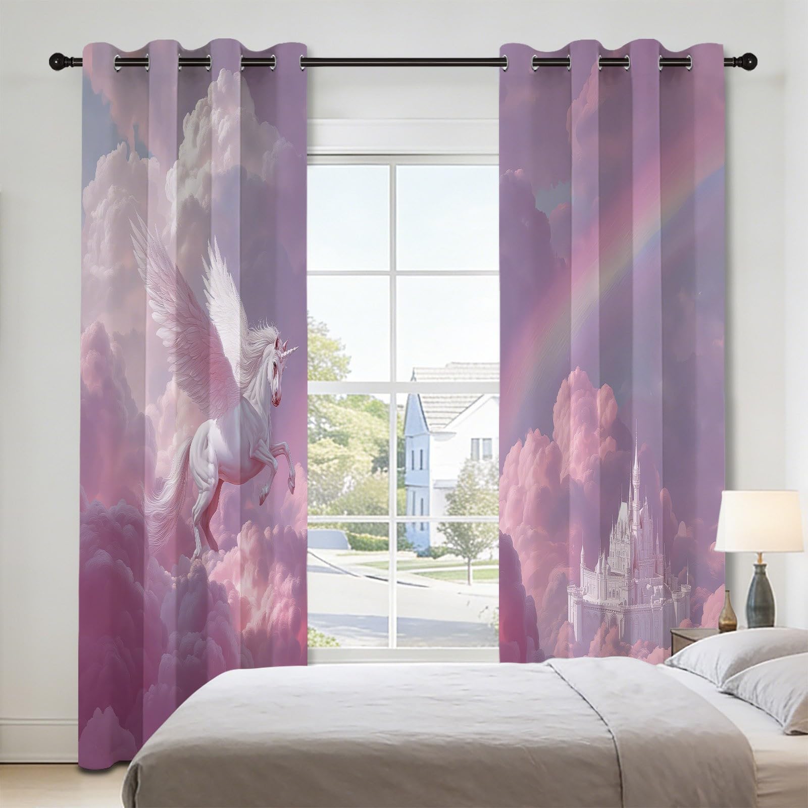 Rideau Occultant 3D Impression Licorne Château Arc en Ciel, Rideaux Salon Isolant Réduction du Bruit 140L x 245H cm (2 Panneaux) Dessin Animé Féerique Rideaux De pour Chambre Décoration