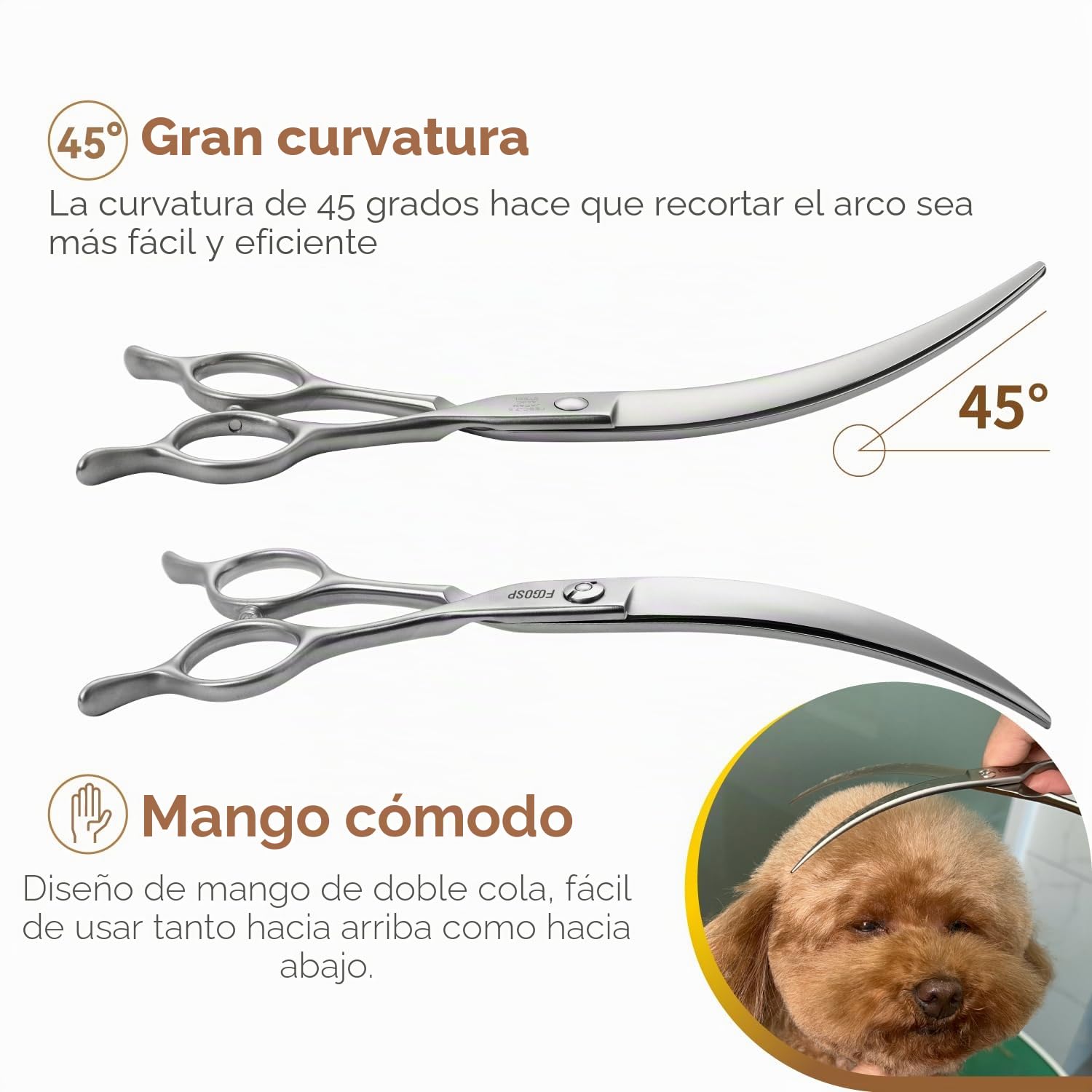 Tijeras de aseo curvadas profesionales de 45° para perros, tijeras curvadas de arco grande de 7.5 pulgadas, para peluquero profesional, Japón VG10, acero de alto carbono, para mano derecha mate