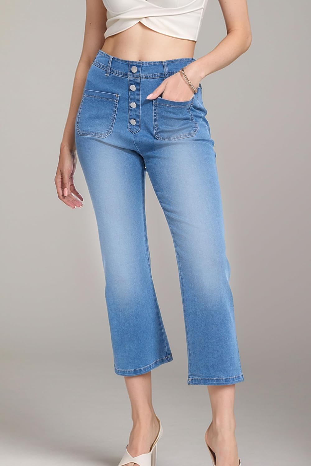 YOCUR Womens Cropped Jeans Elastic High Waist Crop Denim Flare Pants Wide Leg Button Patch Pockets Petite Capri Jeans - Image 3