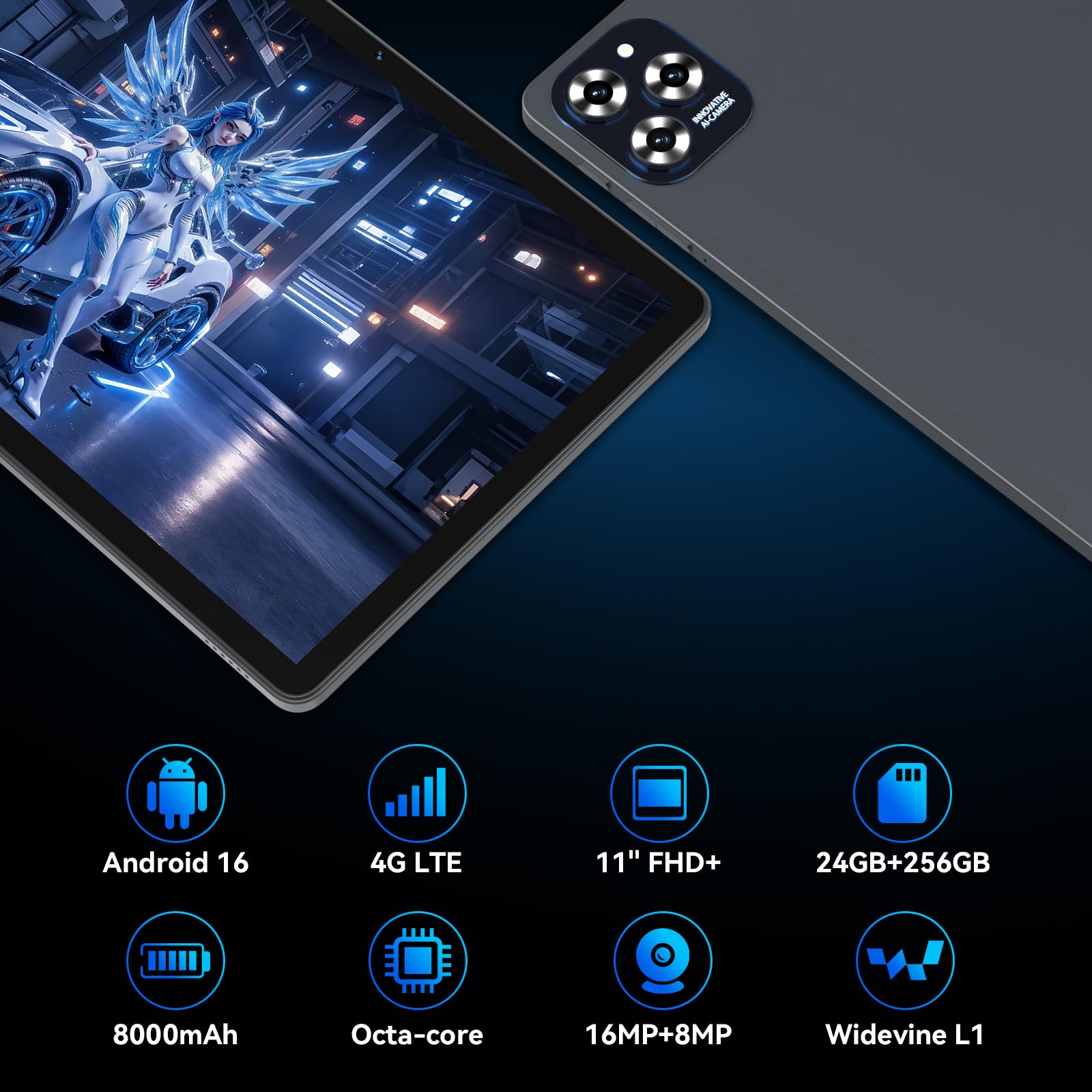 Tablet 11 Pollici in Offerta, 24 GB+256 GB(4 TB TF), Android 16 | Tablet con Sim, Octa-core, 1920*1200 FHD+, 8000 mAh, 16 MP+8 MP, Gemini AI, Widevine L1 (4 Anni di Garanzia)