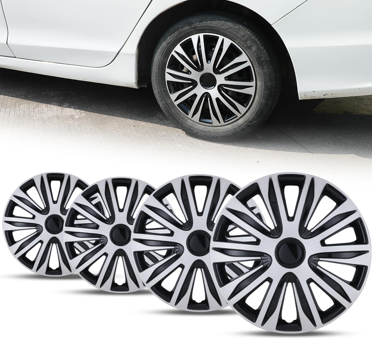 ROXX Wheel Cover Hubcaps, Universal Hubcaps Set of 4 for Car Truck SUV, Snap On Wheel Rim Cover Accessories, Wheel Cover Tire Replacement Exterior Cap, Matte Silver Black (5084-DP-15 Inch)