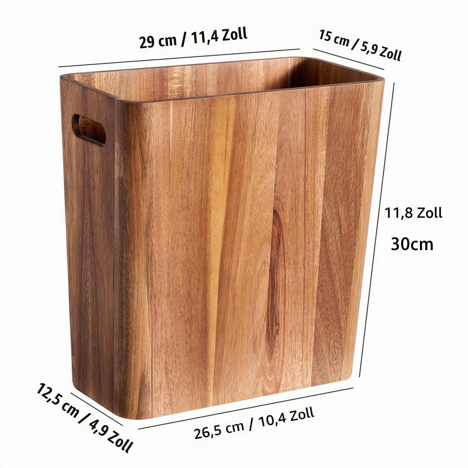 LingTing 10L Holz-Abfallkörbe, Massivholz-Akazien-Abfallkorb mit Griffen, Rechteckiger Mülleimer, Abfallbehälter für Schlafzimmer, Badezimmer, Küche, Wohnzimmer und Büro – Dekoratives Wohnaccessoire