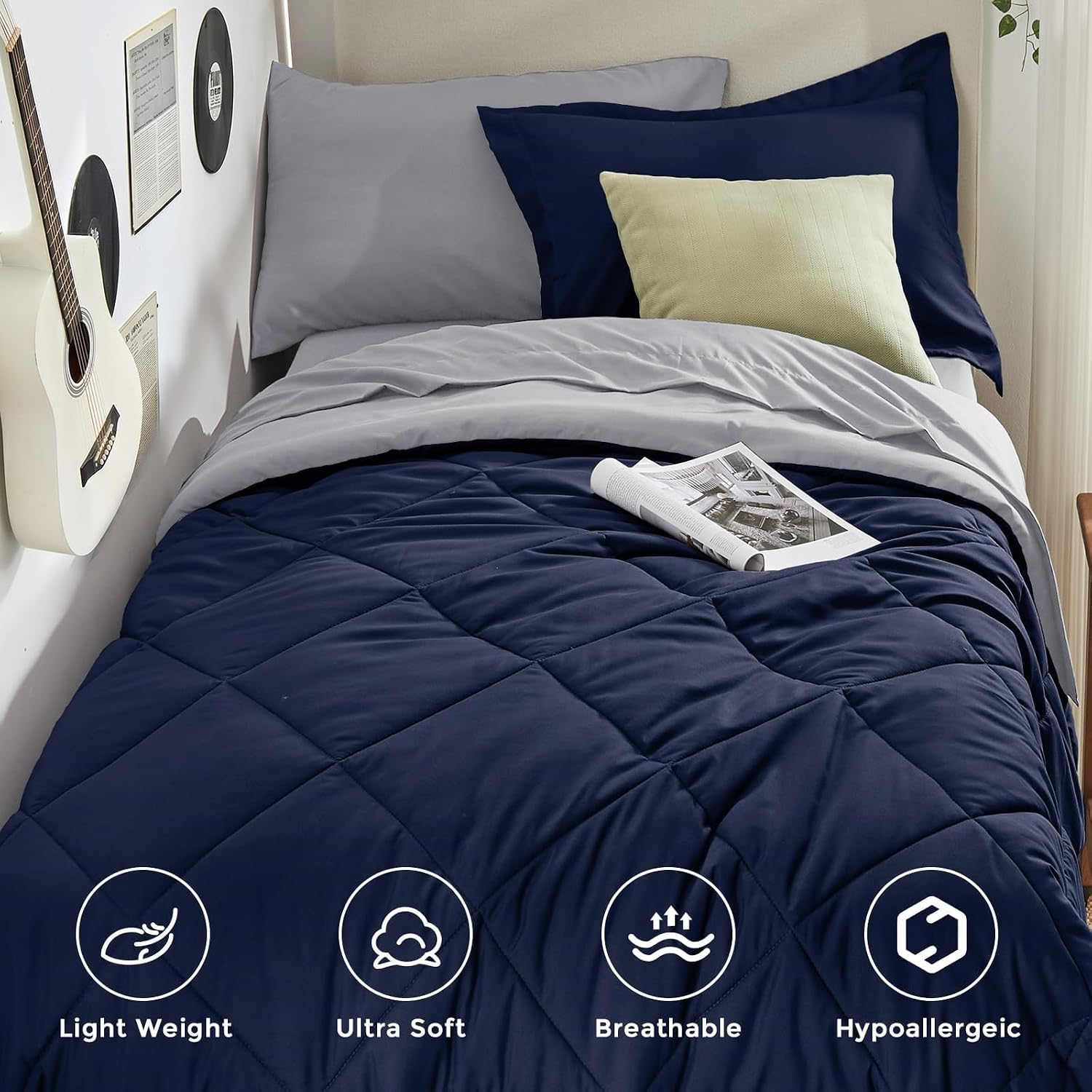 HEVUMYI Twin Comforter Set - 5-Piece All Season Bed in a Bag Twin, Ultra Soft Bedding Set with Comforter, Flat Sheet, Fitted Sheet, Pillowcases, Pillow Shams, Navy Blue & Light Grey thumbnail