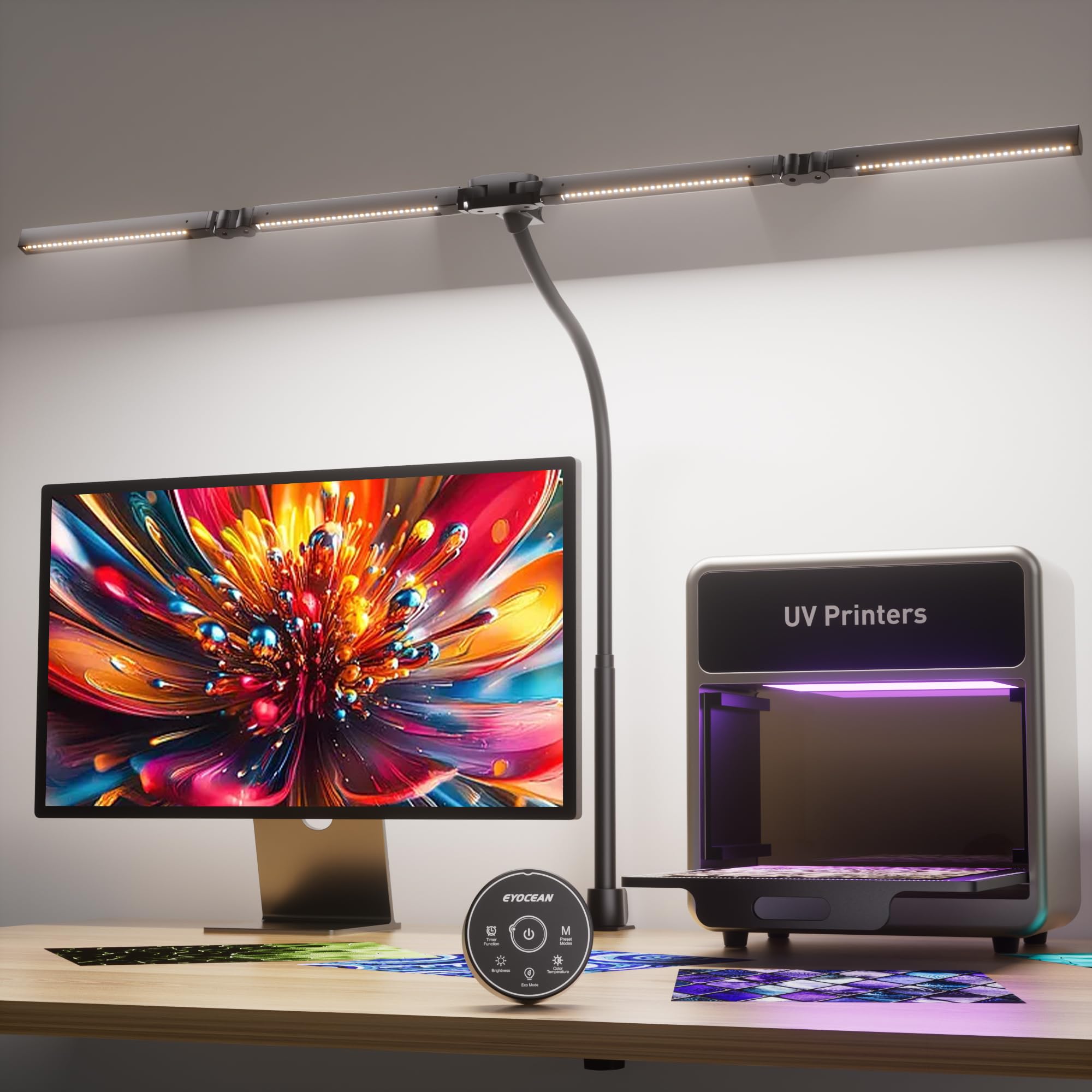 EYOCEAN Schreibtischlampe, 4 Lichtquellen, Teleskopstange mit Einstellbarer Höhe, 24W 100cm Tageslichtlampe Schreibtisch mit Fernbedienung, Dimmbare Monitor Lampe, Schwanenhals Büro Tischlampe