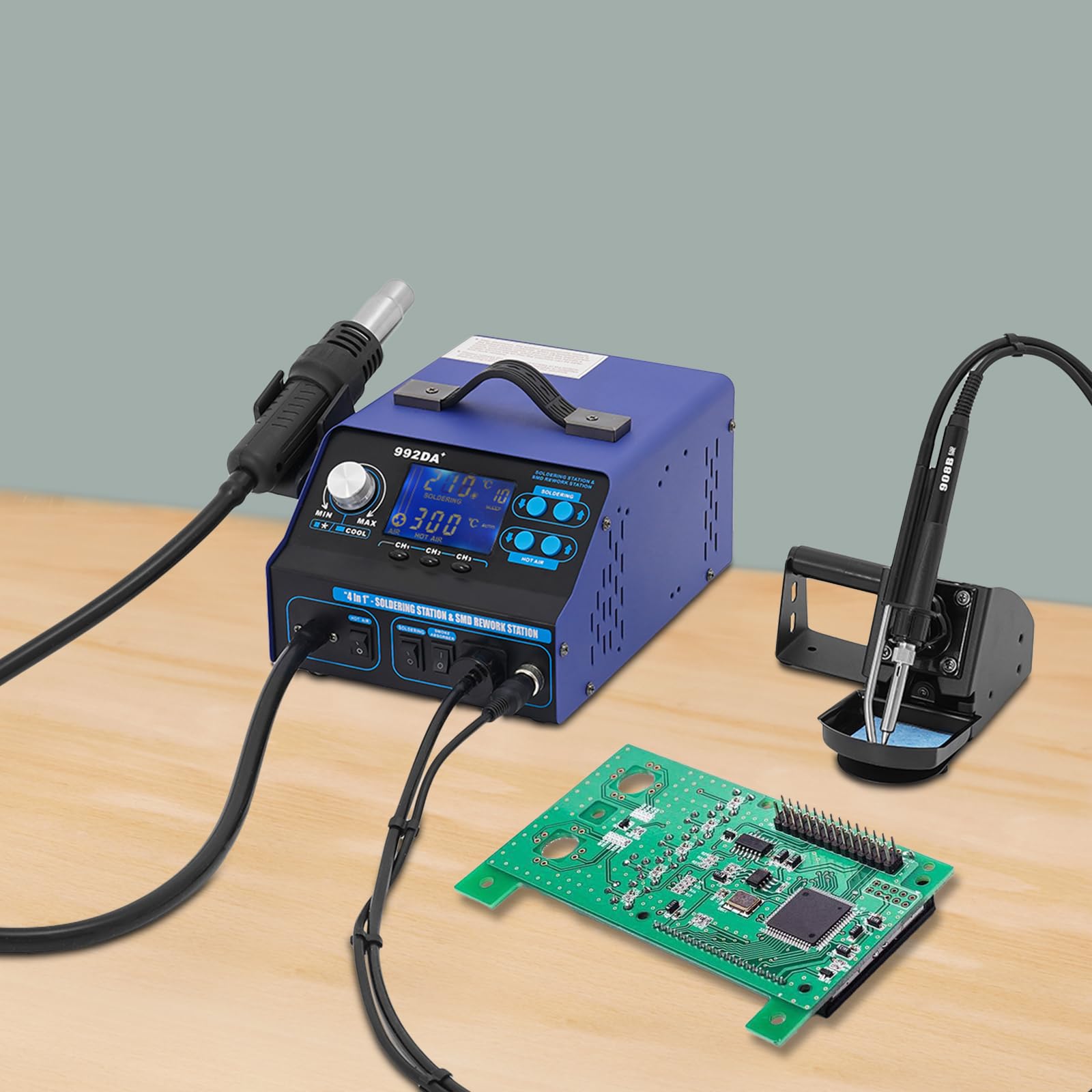 992DA+ Heißluft Lötstation, 3-in-1 Entlötstation mit LCD Bildschirm und 5 Heißluftdüsen, Einstellbarer Temperatur und Luftvolumen, Kaltluft/Warmluft Auto Start/Stop