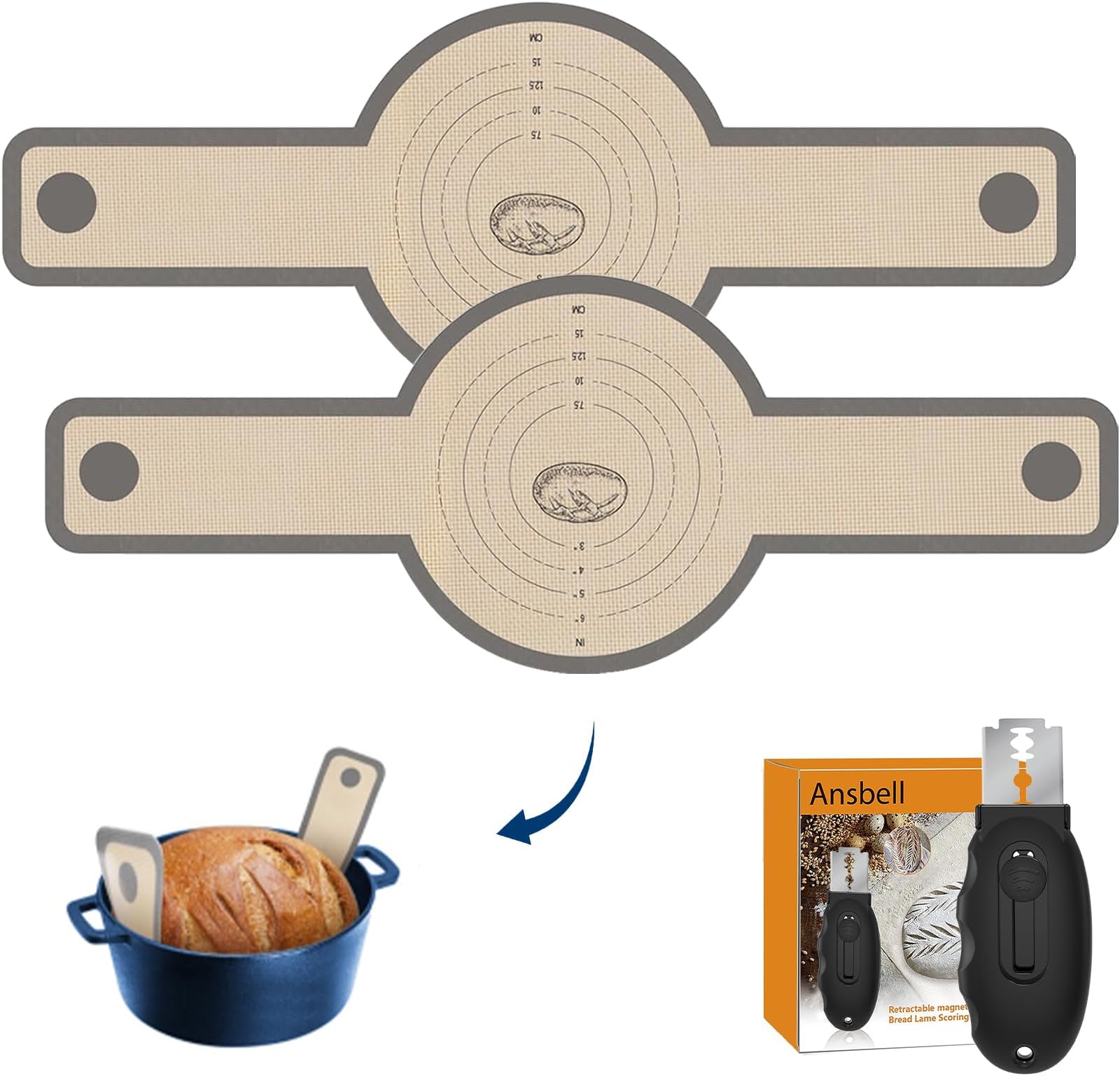 2 Pcs Silicone Bread Sling for Dutch Oven,Non-Stick & Easy Clean Reusable Silicone Bread Baking Mat with Extra Long Handles-1 Bread Lame&5 Razor Blades