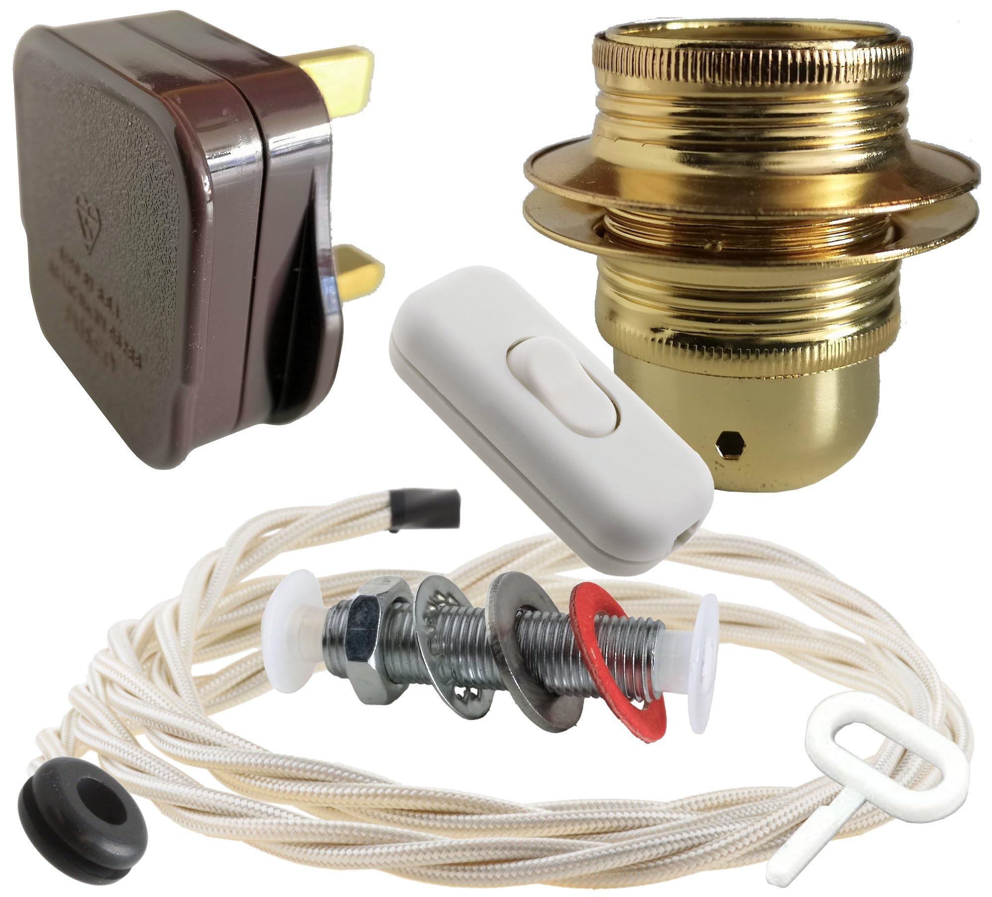 Art Deco Emporium Lamp Repair and Service Kit|Brown Plug|Ivory Flex|White Switch|E27 Brass Finish Lamp Holder Holder