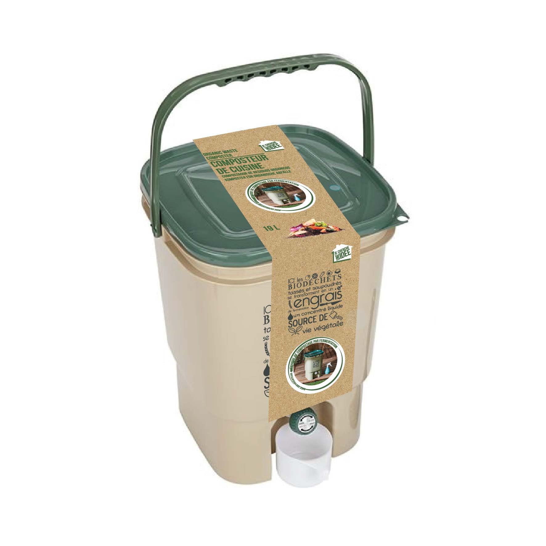 JECHERCHE UNE IDÉE - ME0022 Composteur de Cuisine avec Robinet et Spray - Collecte Intérieure - Méthode Bokashi - Tamis Inclus - Vaporisateur 400mL - Pratique et Fonctionnel