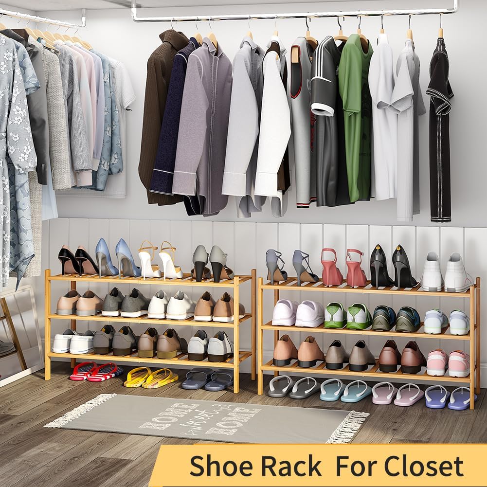 Long Shoe Rack, 3-Tier Bamboo Stackable Shoe Shelf Storage Organizer, Shoe Stand for Closet, Entryway and Hallway