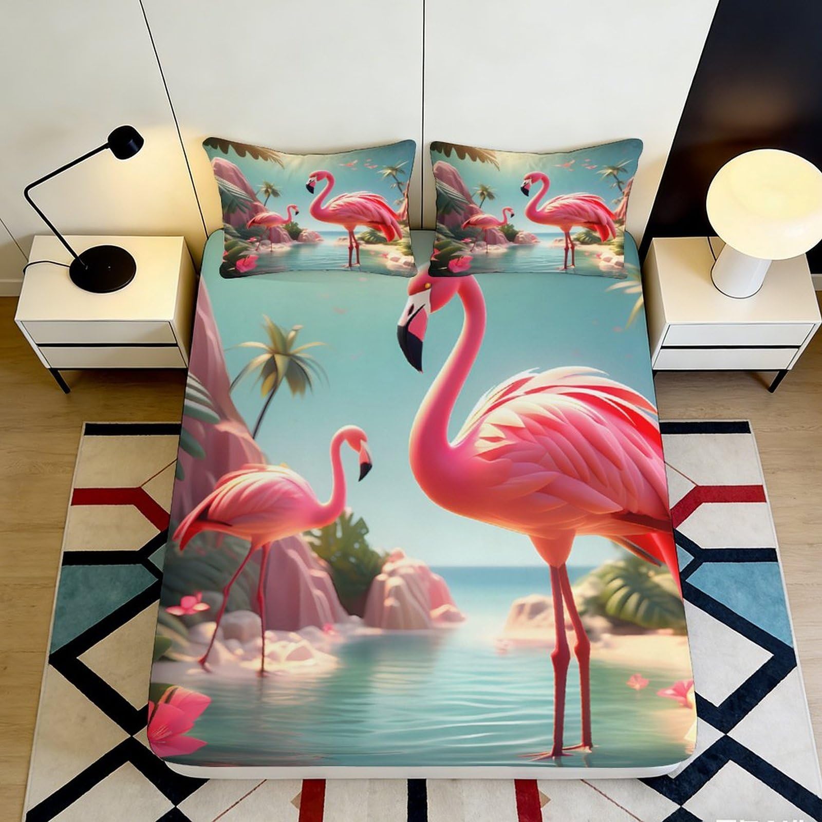 3D Printed Tropical Flamingo Fitted Sheet Microfiber Pink Birds Beach Mattress Cover Bedroom Decor Anti-Slip Machine Washable 90x200x25cm