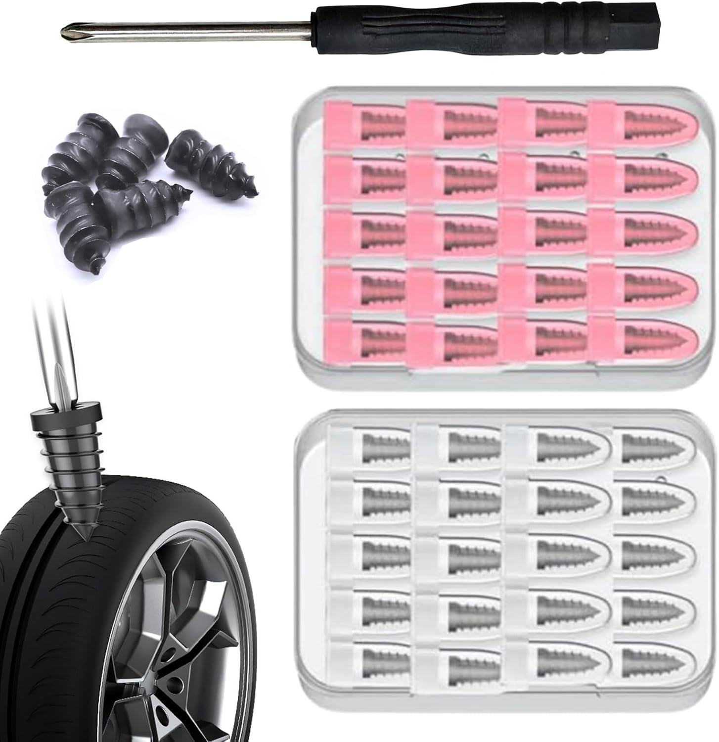 20/40/80 PCS Tire Repair Rubber Nails Kit with 2 Sizes, Tire Repair Screw in Rubber Plug, Fast Self-Service Tire Repair Tools, Screw in Tire Repair Plugs with Box and Screwdriver (40pcs)