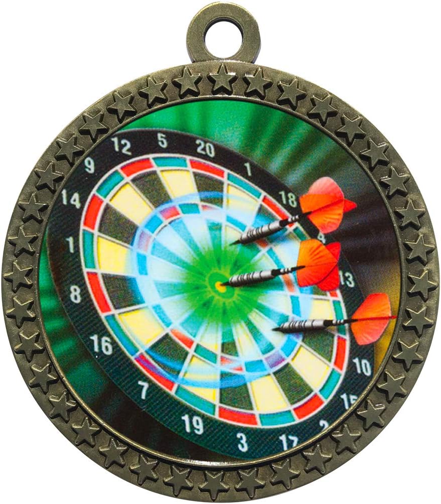 Large 2-1/2 inch Diameter Metal Antique Gold Darts Bullseye Medals Star Award Trophy Champion Winner with Red White and Blue Neck Ribbons (Pack of 10)