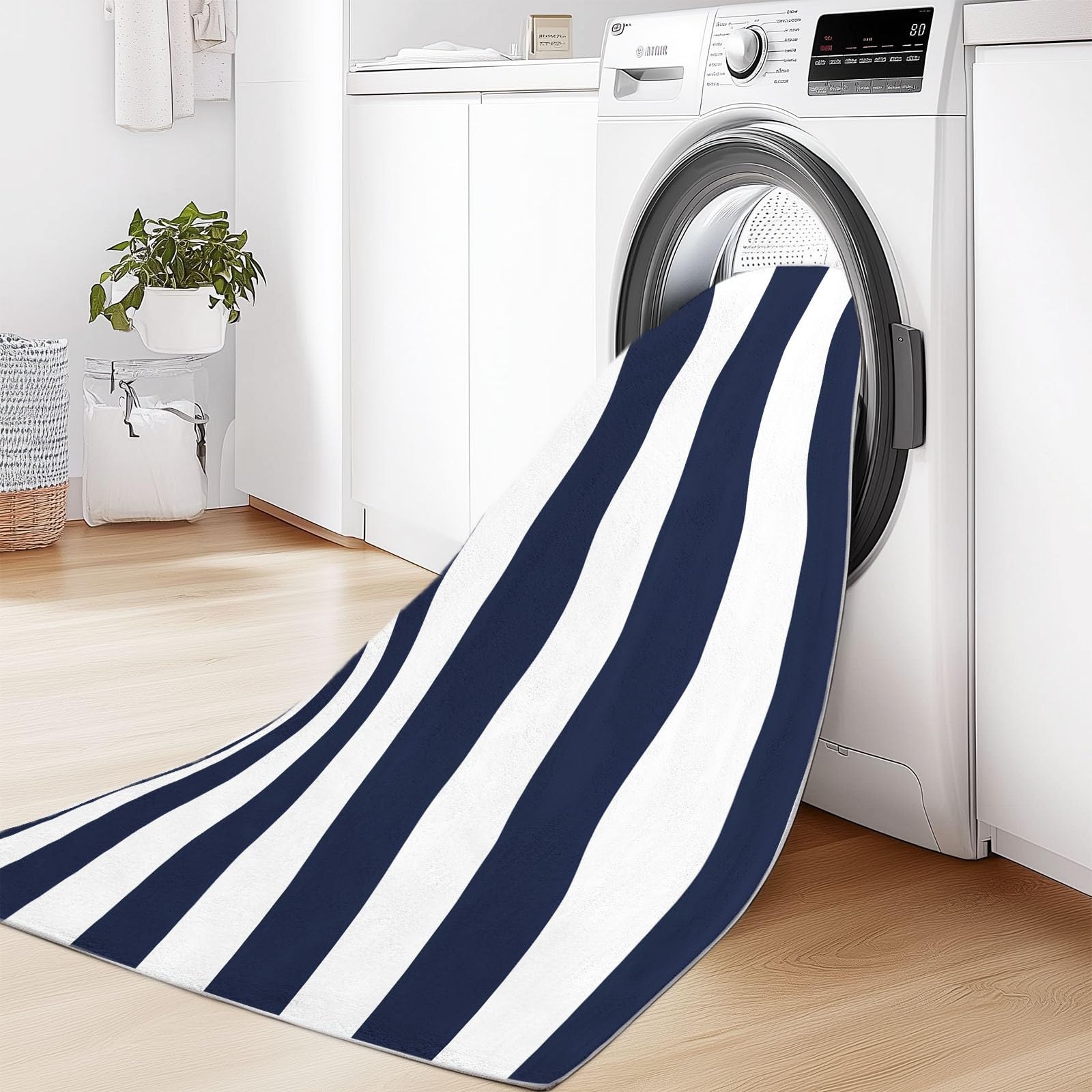 Tappeto Lavabile in Lavatrice Tradizionale Blu Navy Righe Tappeti antiscivolo Tappeto Adatto Agli Animali Domestici 160 x 230 cm Tappeti Camera da Letto Salotto Tappeto Pelo Corto Bianco Blu
