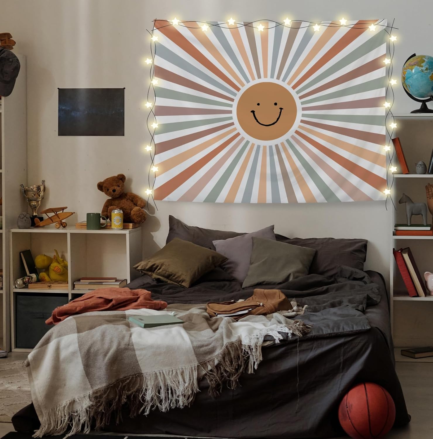 KRHFG Boho Cute Sun Tapestry, Boy Girl Nursery Wall Decor Tapestry, Boho Neutral Smile Sunshine Tapestries Wall Hanging Backdrop for Kids Bedroom Room Nursery Playroom, 50x60 Inch