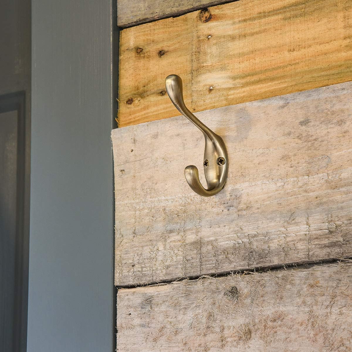 Amazon Basics Wall Mounted Contemporary Metal Dual Coat Hooks - Antique Brass, 5-Pack