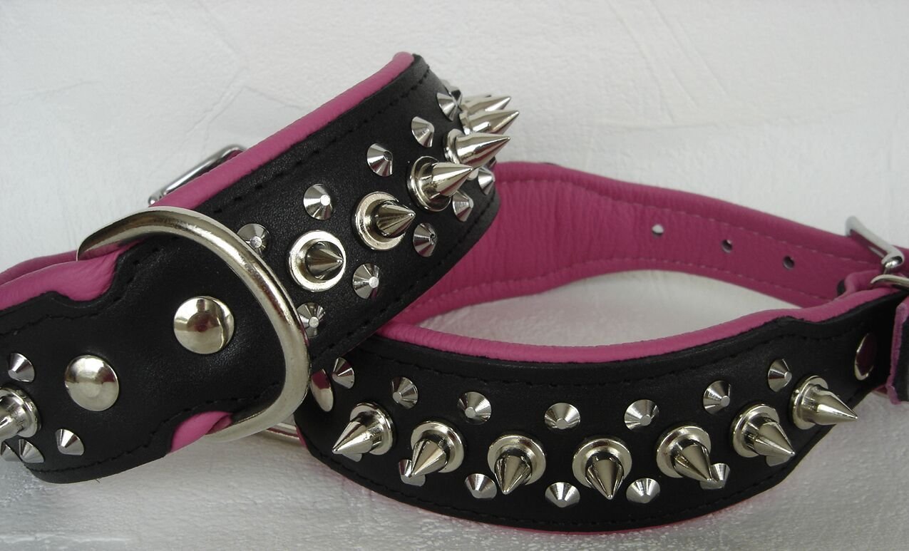 Hunde Halsband - Halsumfang 45-51cm/40mm, Leder+Nieten Schwarz-PINK(PL.5-10-12-27)