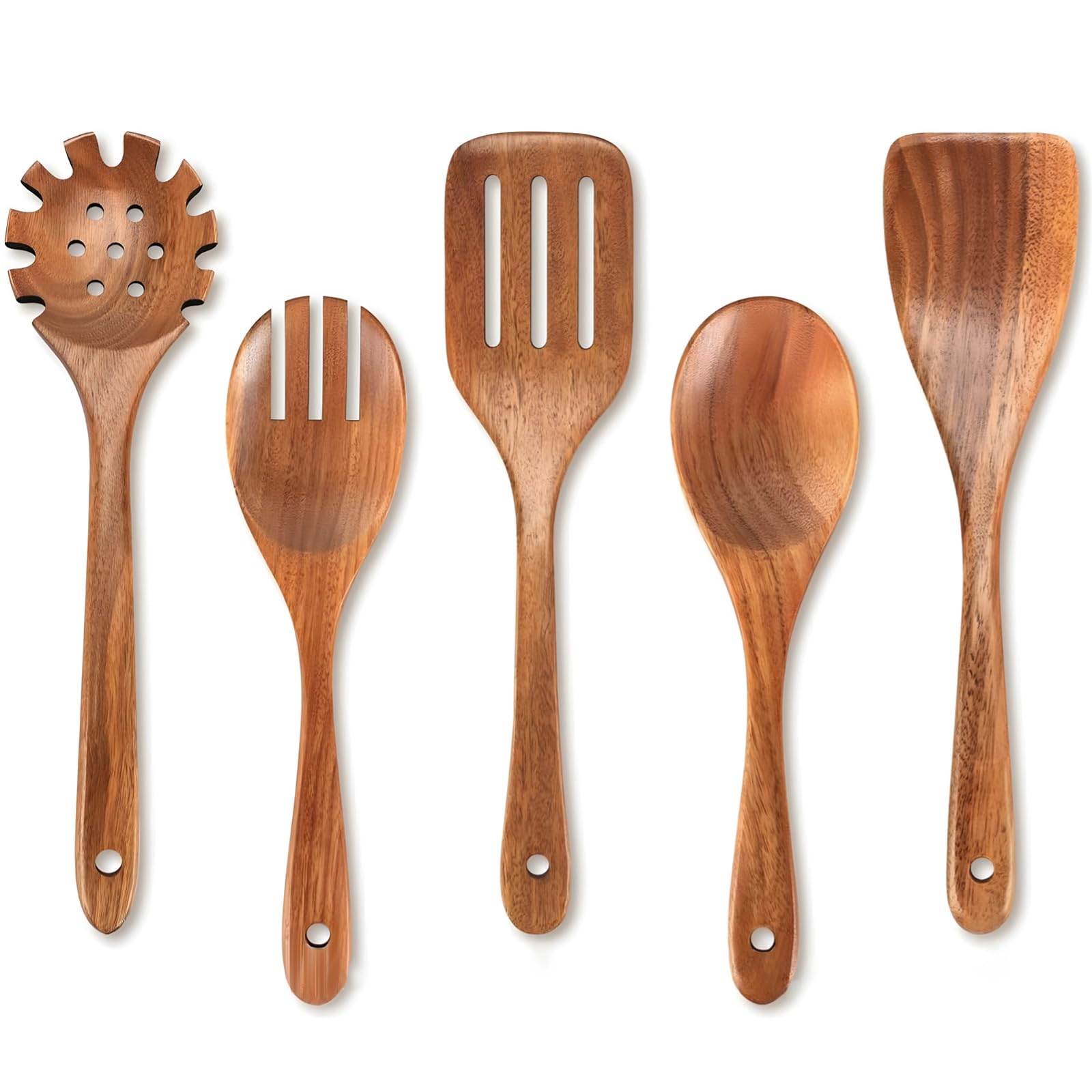 Holz Kochutensilien Set, 5-teilig, Teakholz, lange Griffe, antihaftbeschichtet, für die Küche