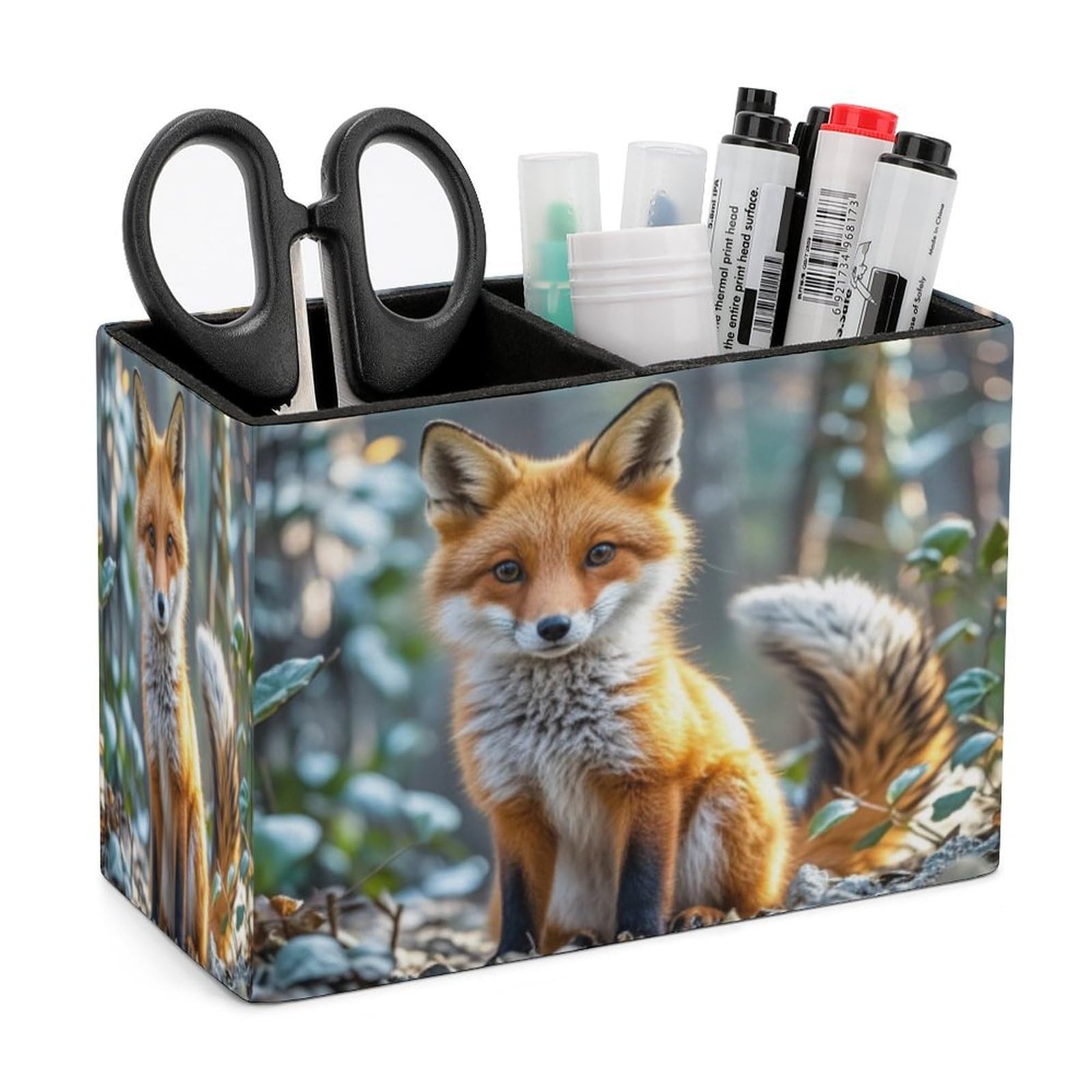 LZQPOEAS Fox Shape Theme Leather Pen Holder Square Pencil Holder Multi-Functional Desk Organizer Modern Pen Cup Pencil Cup Minimalist Desktop Stationery Organizer for Desk Office Home