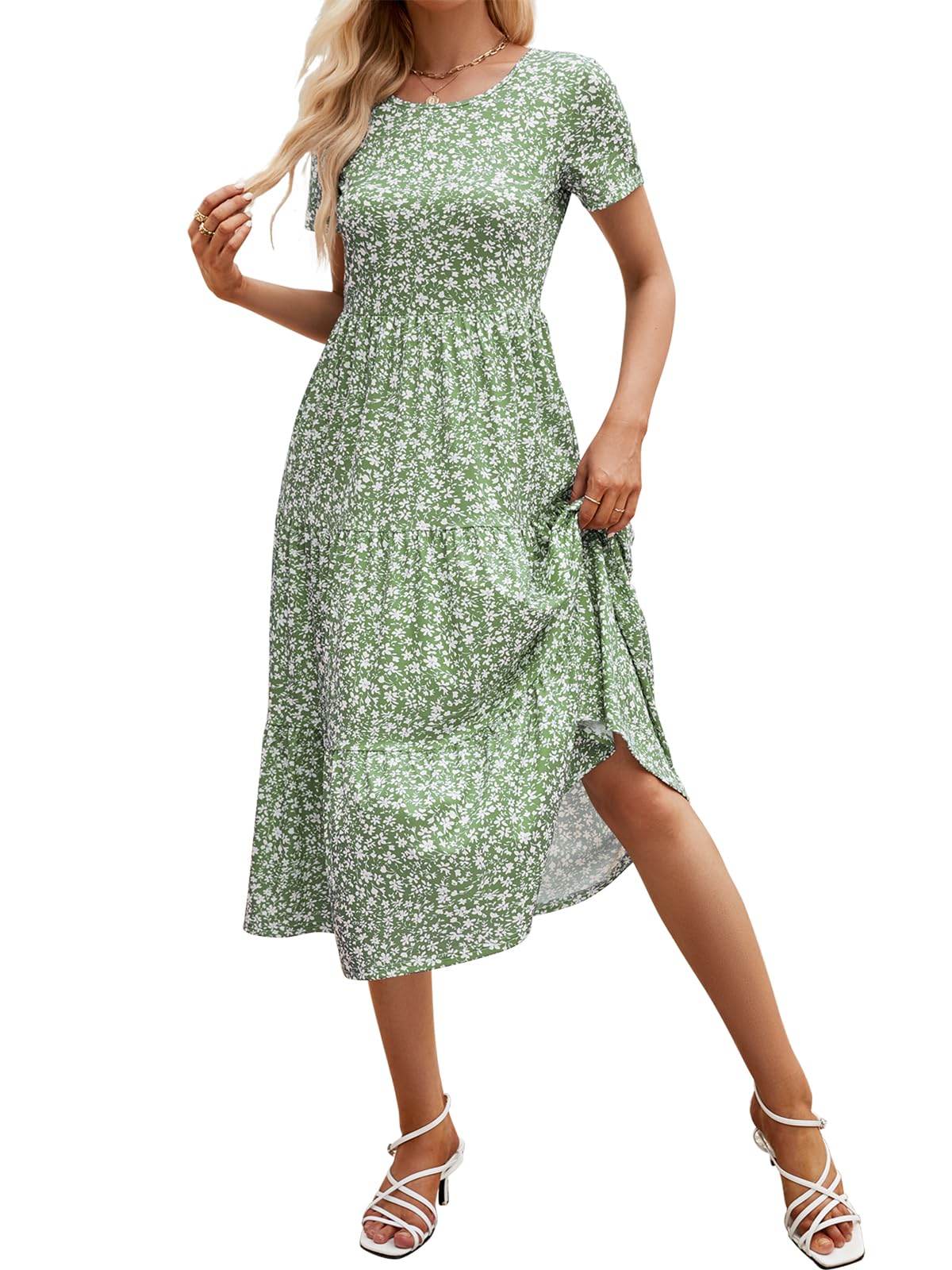 Sureple Spring Round Neck T Shirt Dress for Women Short Sleeve Midi Length,Swing Tiered Bobydoll Dresses with Pockets