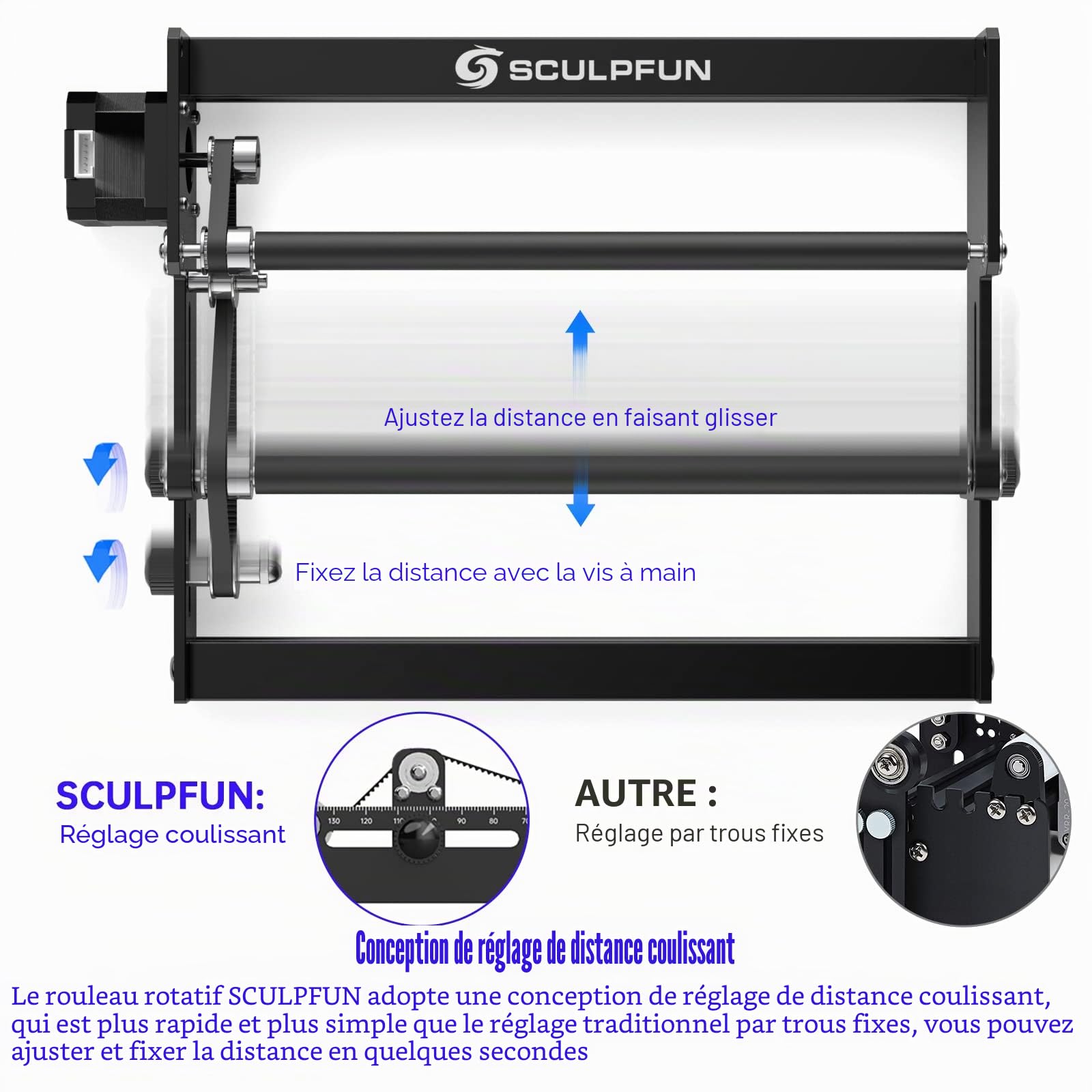 Rouleau rotatif laser SCULPFUN - Axe Y - Rotation à 360° pour la gravure laser d'objets cylindriques, boîtes (avec 4 pieds de surlignement)