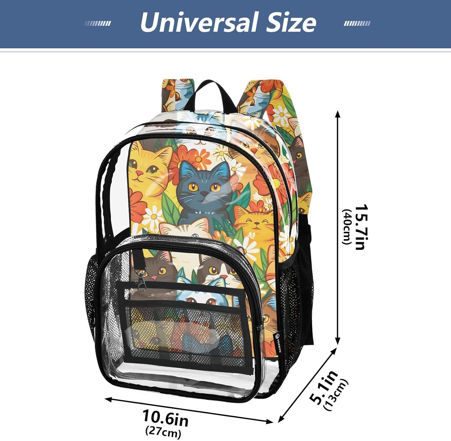 Cute Cat Kitten Flower Floral Clear Backpack Heavy Duty See Through Transparent PVC BookBag for Kids Boy Girl Adult School Work