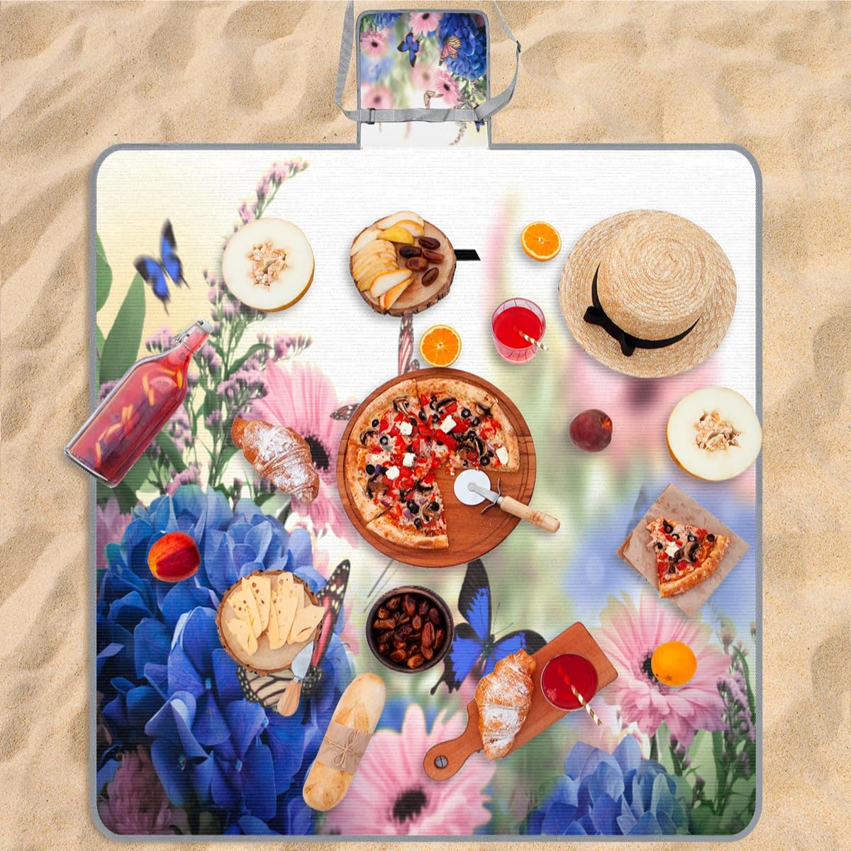 Mantas de picnic de 150 x 145 cm, manta de playa plegable con flores y mariposas para exteriores, impermeable, para playa, camping, senderismo, picnic