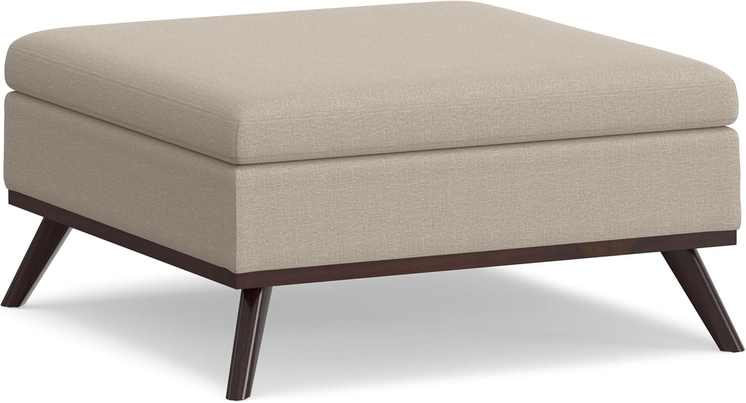 SIMPLIHOME Owen 36 inch Wide Mid Century Modern Square Coffee Table Storage Ottoman in Natural Polyester Fabric, Assembled, for the Living Room, Entryway and Family Room Natural 36"D x 36"W x 19.3"H