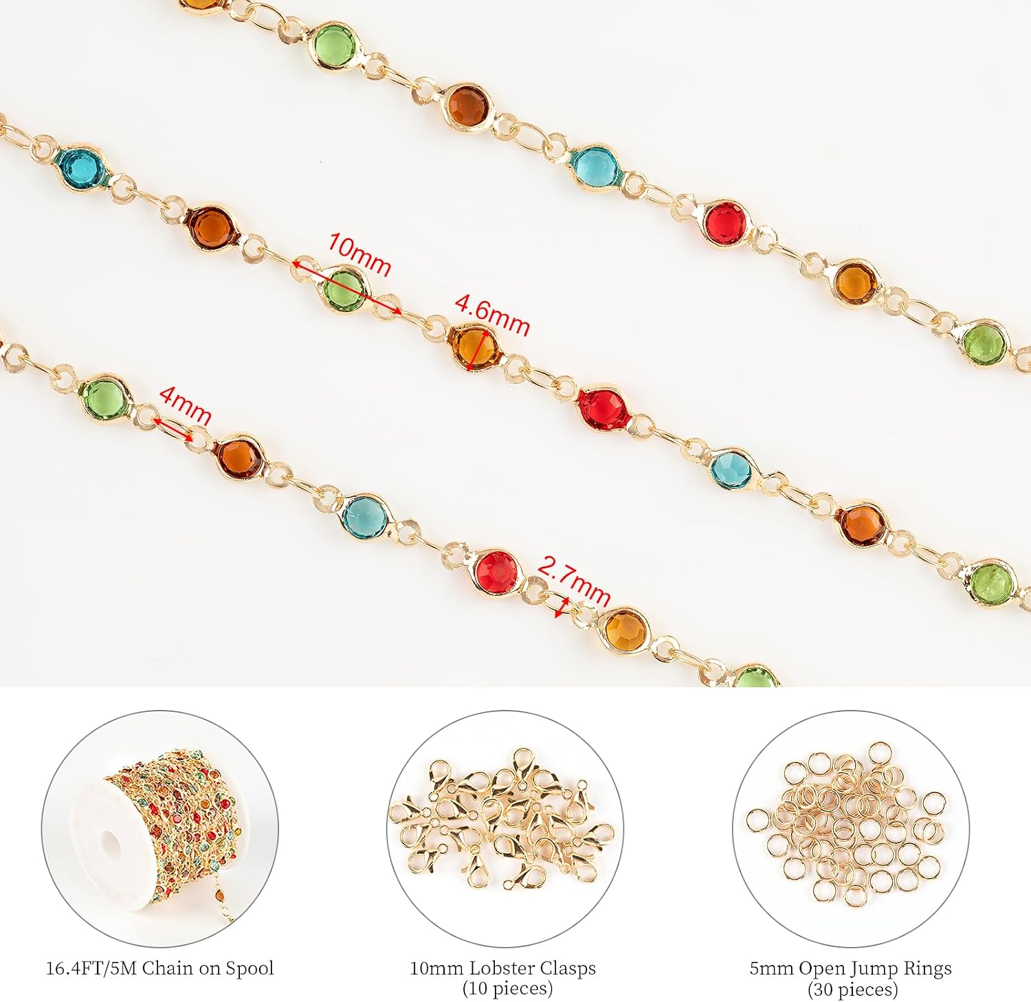 KYUNHOO 5M Colorful Crystal Rhinestones Jewelry Chain Link Gold Plated Brass Chain Bulk for Women Necklace Making Jewelry Supplies DIY Handcrafts with Lobster Clasps and Jump Rings