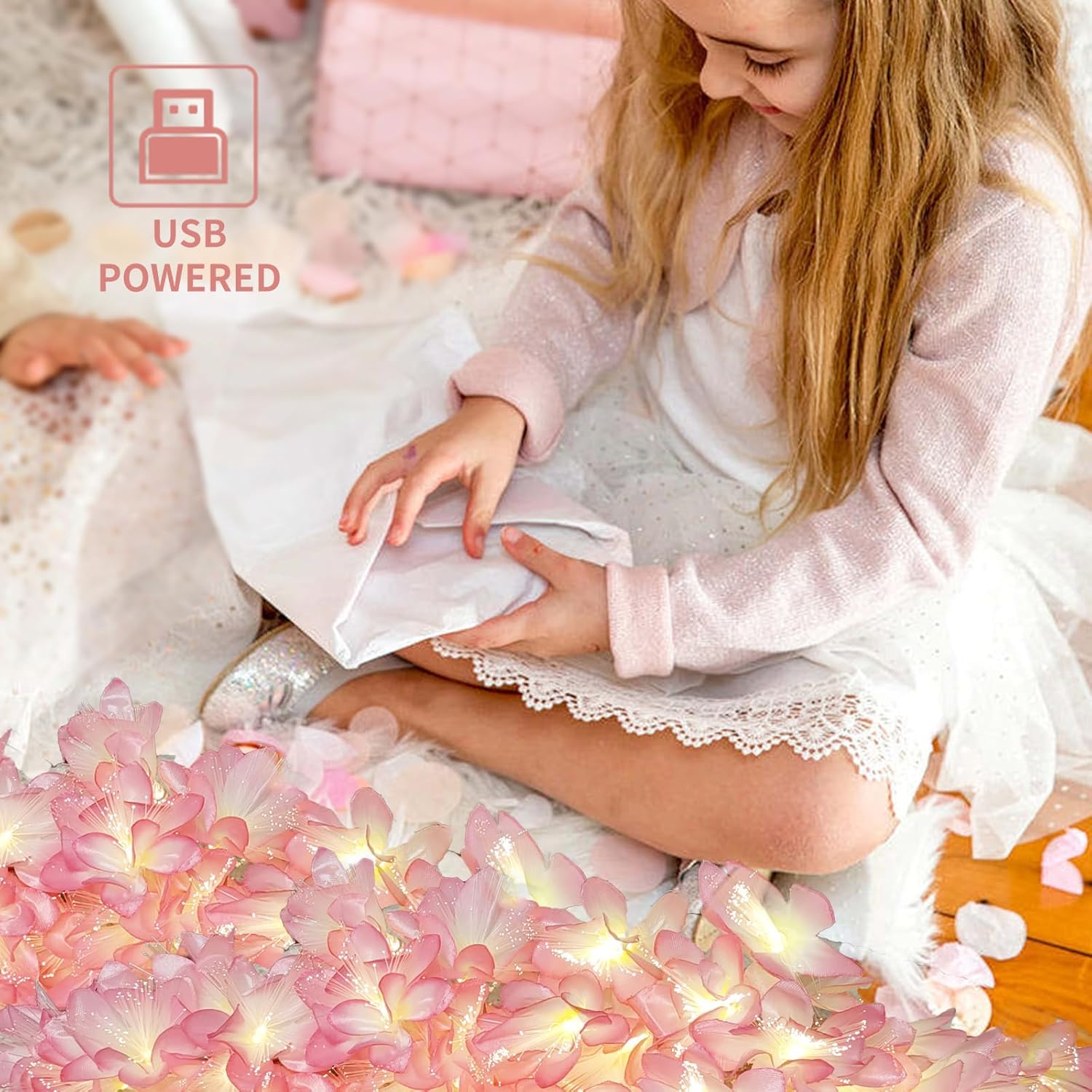 Pink LED Flower String Lights 2PCS, 16.5ft 30 LED Flower Fairy String Light ,USB Plug Fairy Lights for Bedroom, Valentines Day, Holiday, Partry, Indoor,Birthday, Christmas Girls(Pink and White)