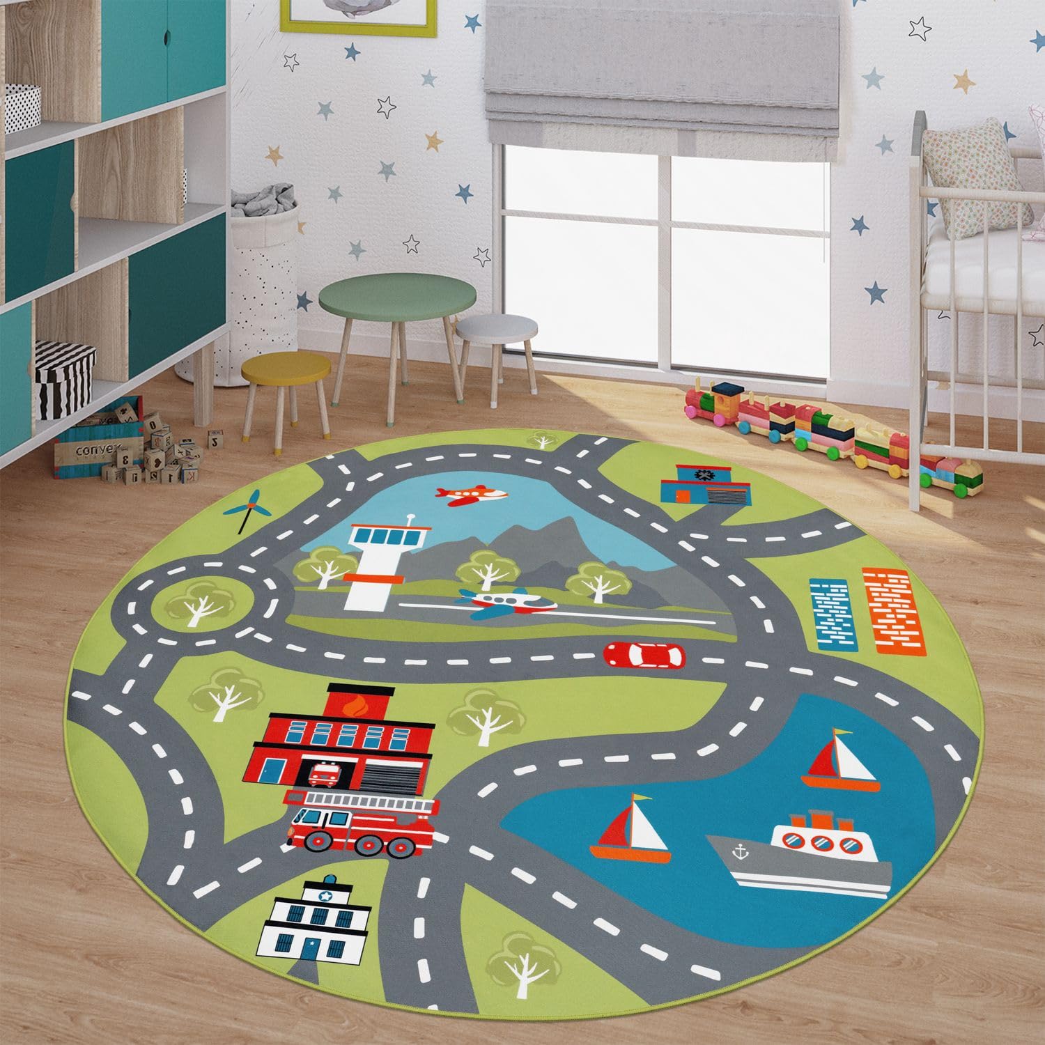 TT Home Tapis pour Enfants, Tapis de Jeu pour Chambres d'enfants, avec Motif de Rue, en Vert, Dimension:Ø 200 cm Rond