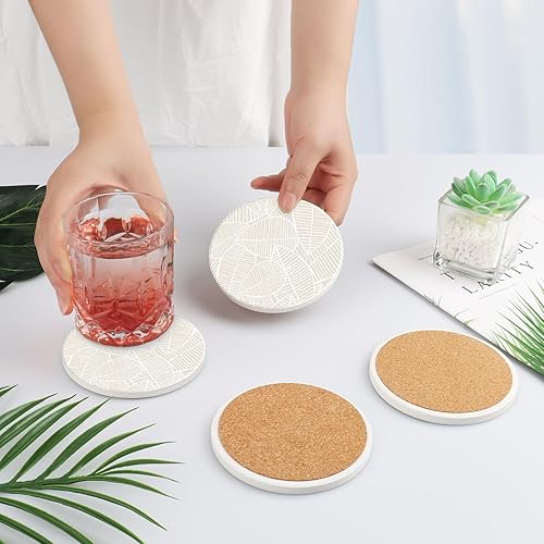 Miniatura 5 de Juego de 2 posavasos de mesa absorbentes de cerámica, resistentes al calor, con base de corcho, diseño de hojas para proteger los muebles (paquete