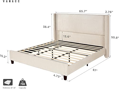 Miniatura 2 de VanAcc Base de cama de plataforma tamaño Queen, cama tapizada de pana de 50.8 pulgadas con cabecera capitonada de canal vertical, listones de