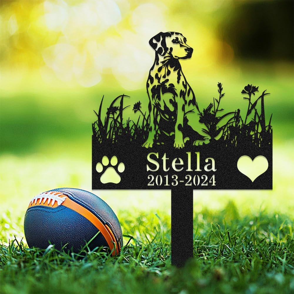 Custom Dalmatians Dog Memorial Grave Marker with Stake,Personalized Dogs Name Memorials Engraved Burial Sign,Customized Loss of Sympathy Gifts for Pet Owner,Flower Pets Headstone for Cemetery Lawn
