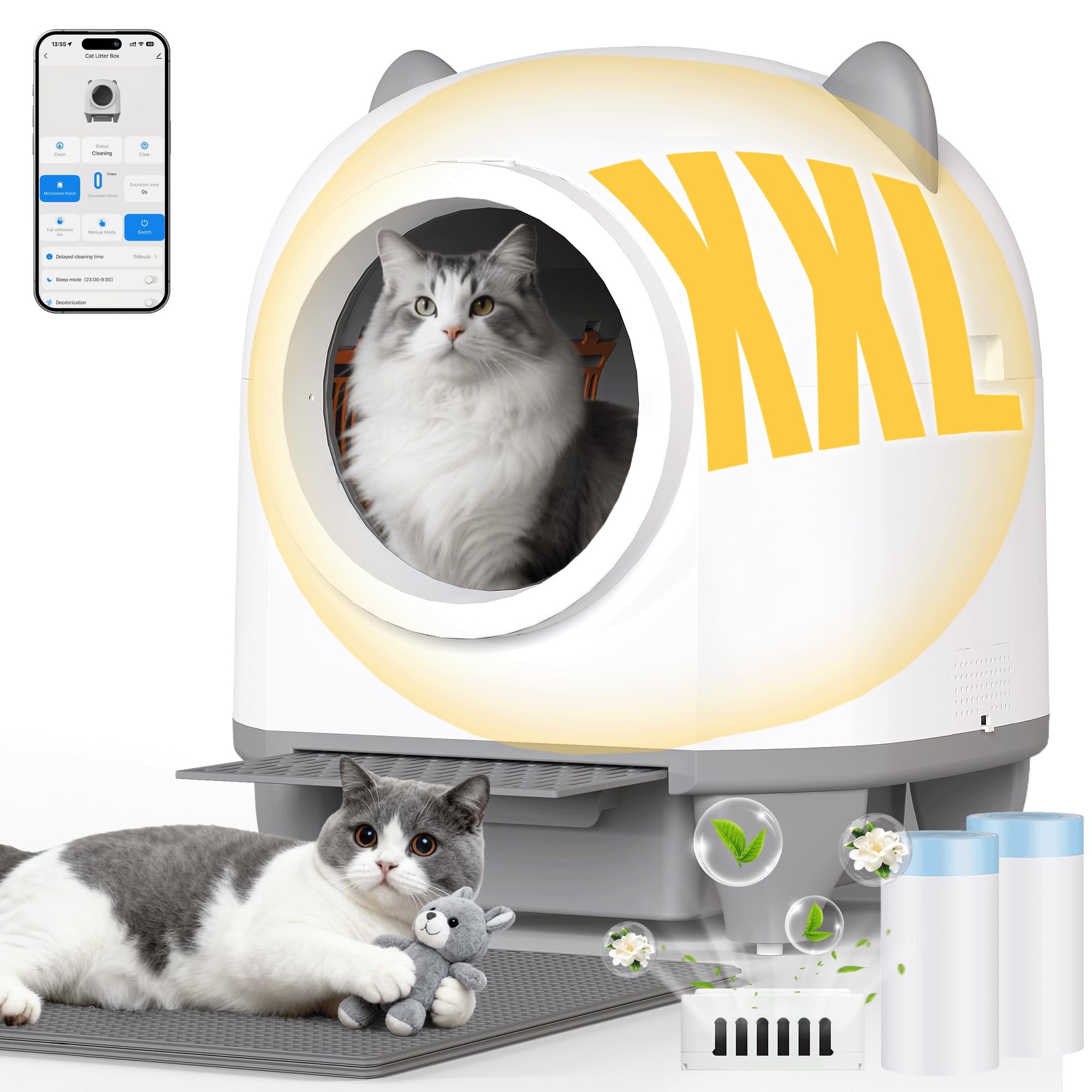 TRIUMPHKEY Arenero Automatico Gatos, Arenero Gatos Autolimpiable Grande de 90L con Control por App/Protección Anti-Atrapamiento/Sistema de Eliminación de Olores, para Familias con Múltiples Gatos