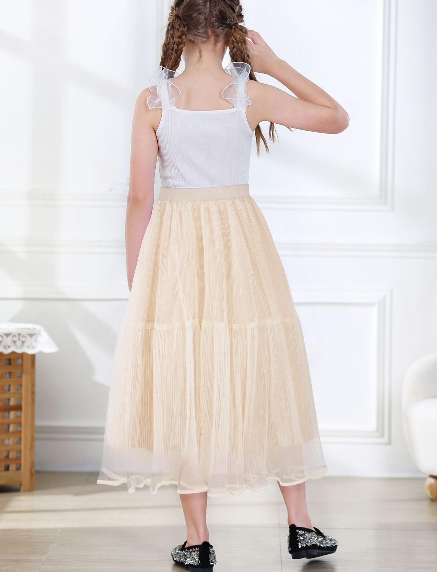 Jupe Mi Longue Fille en Tulle Jupe Princesse Enfant Fille Jupe Tutu Mousseline de Soie Taille Elastique Mariage Fête Anniversaire