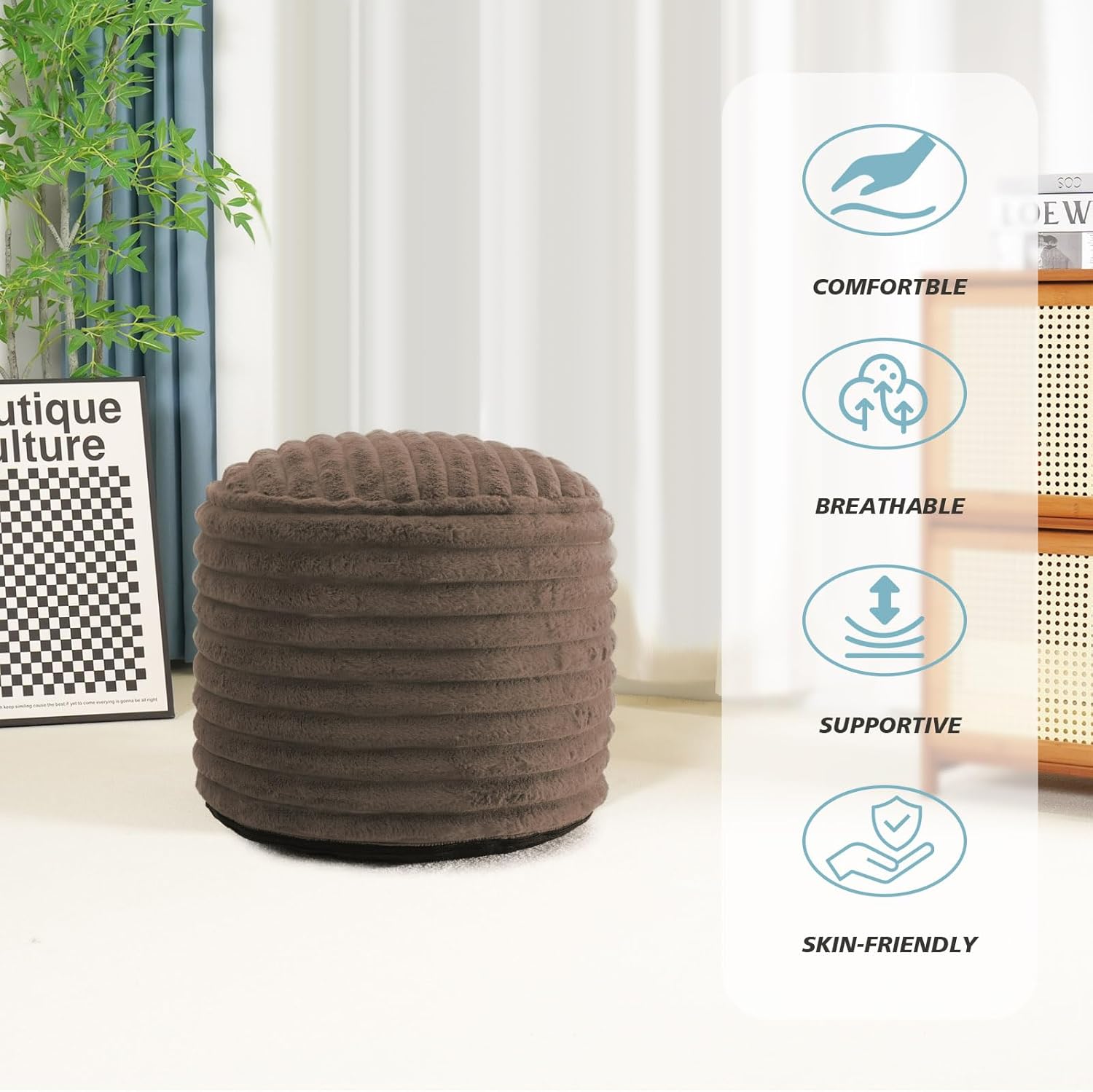 Pouf Ottoman Stuffed Round for Foot Rest, Faux Fur Poufs with Foam Chunk Filling, Storage Ottoman Pouf Foot Stool Cushion, 26 X 18 Inch Floor Chair for Living Room Bedroom Home Decor, Brown