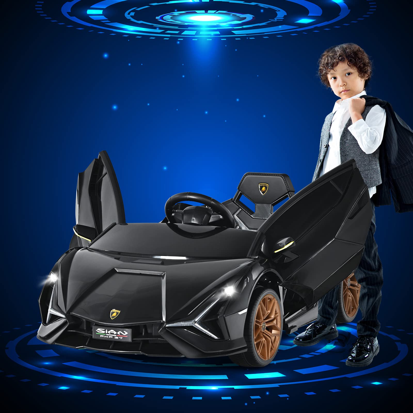 COSTWAY 12 V Lamborghini dziecięcy samochód elektryczny z pilotem zdalnego sterowania 2,4 G, samochód dziecięcy 3-5 km/h z MP3, radiem, muzyką i reflektorem LED, dla dzieci w wieku 3-6 lat (czarny)