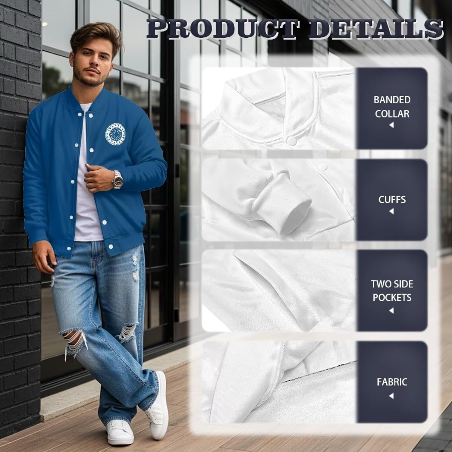 Men's Fashion Bomber Jacket Causal Button Up Baseball Varsity Jackets