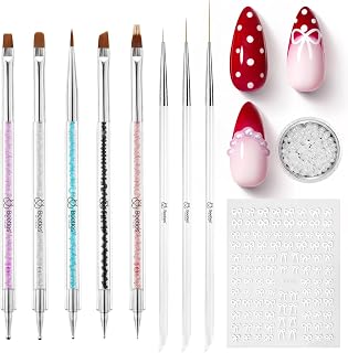 Beetles 8pcs Crystal Nail Art Brushes Set - Double-Headed Dotting Tools, Striping Liners with Pearls & Bowknot Stickers for DIY Manicure